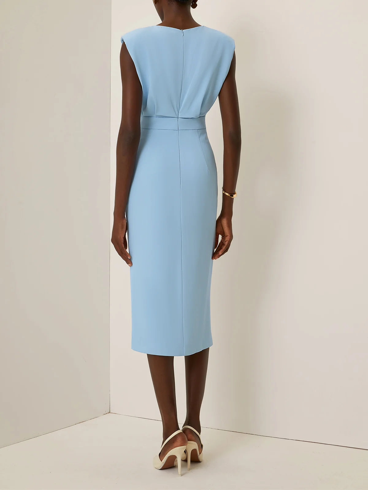 Off White Buckle Classic Crew Neck Sleeveless Sheath Midi Dress
