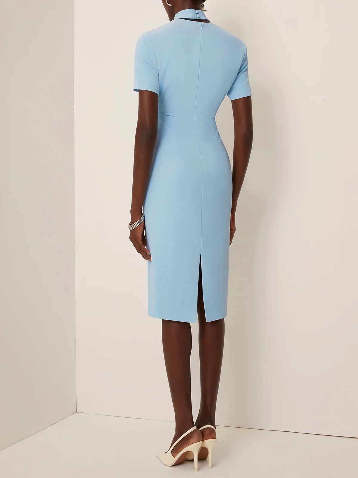Light Blue Rhinestone Classic Square Neck Short Sleeve Sheath Midi Dress