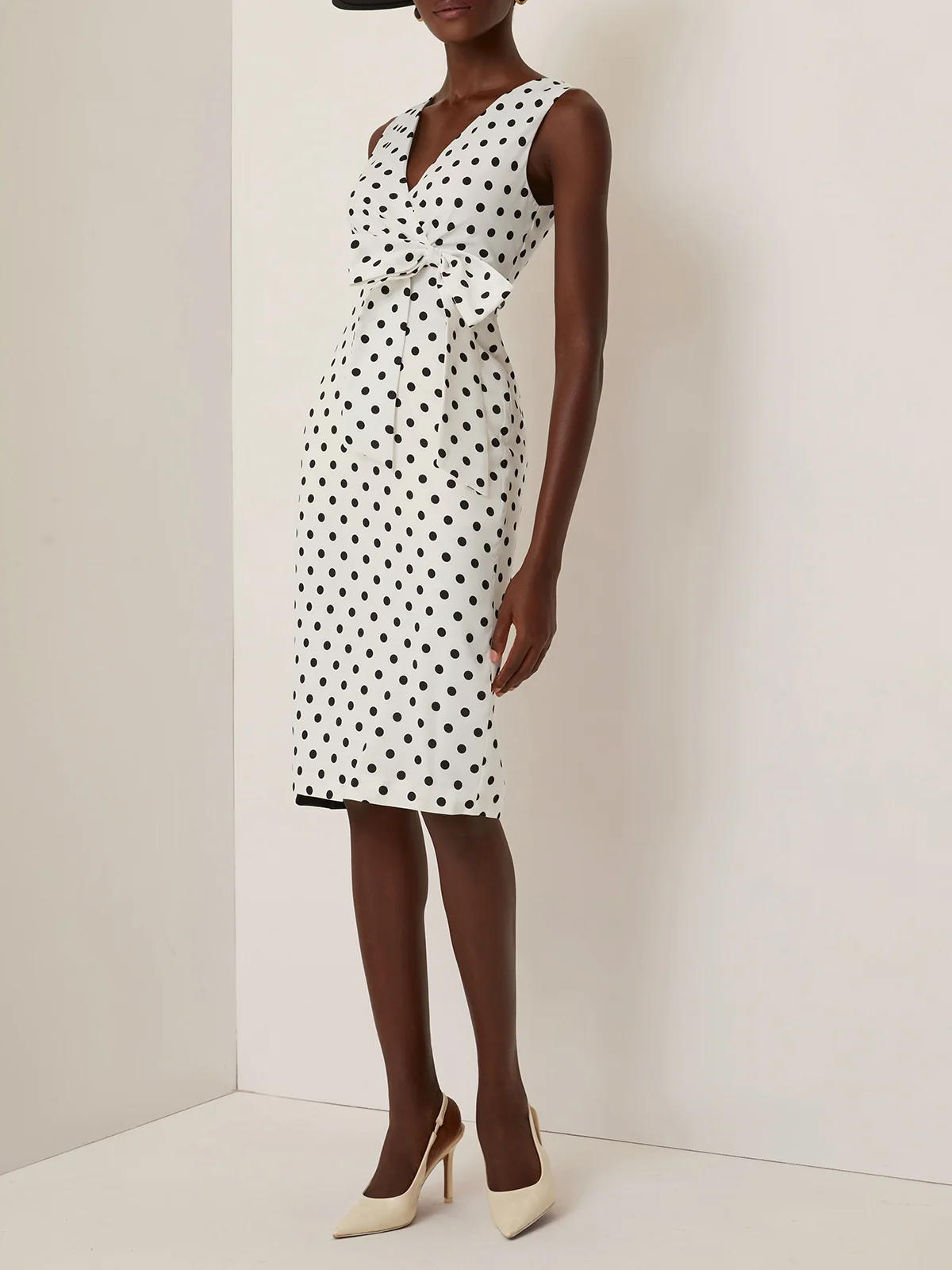 White Bow Printing Classic V Neck Sleeveless Sheath Midi Dress