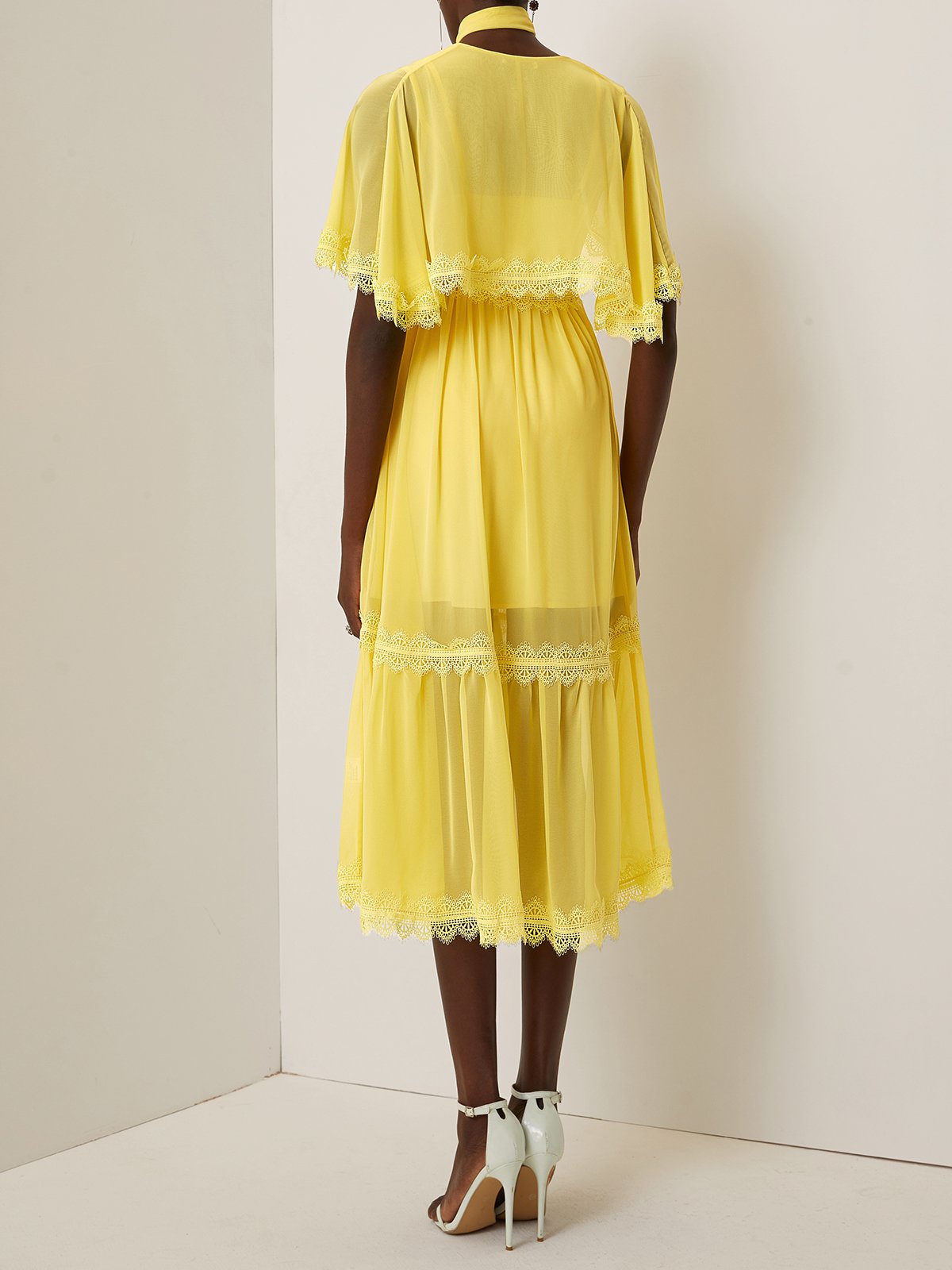 Yellow Lace Bow Chiffon V Neck Half Sleeve Raglan Sleeves A-Line Midi Dress