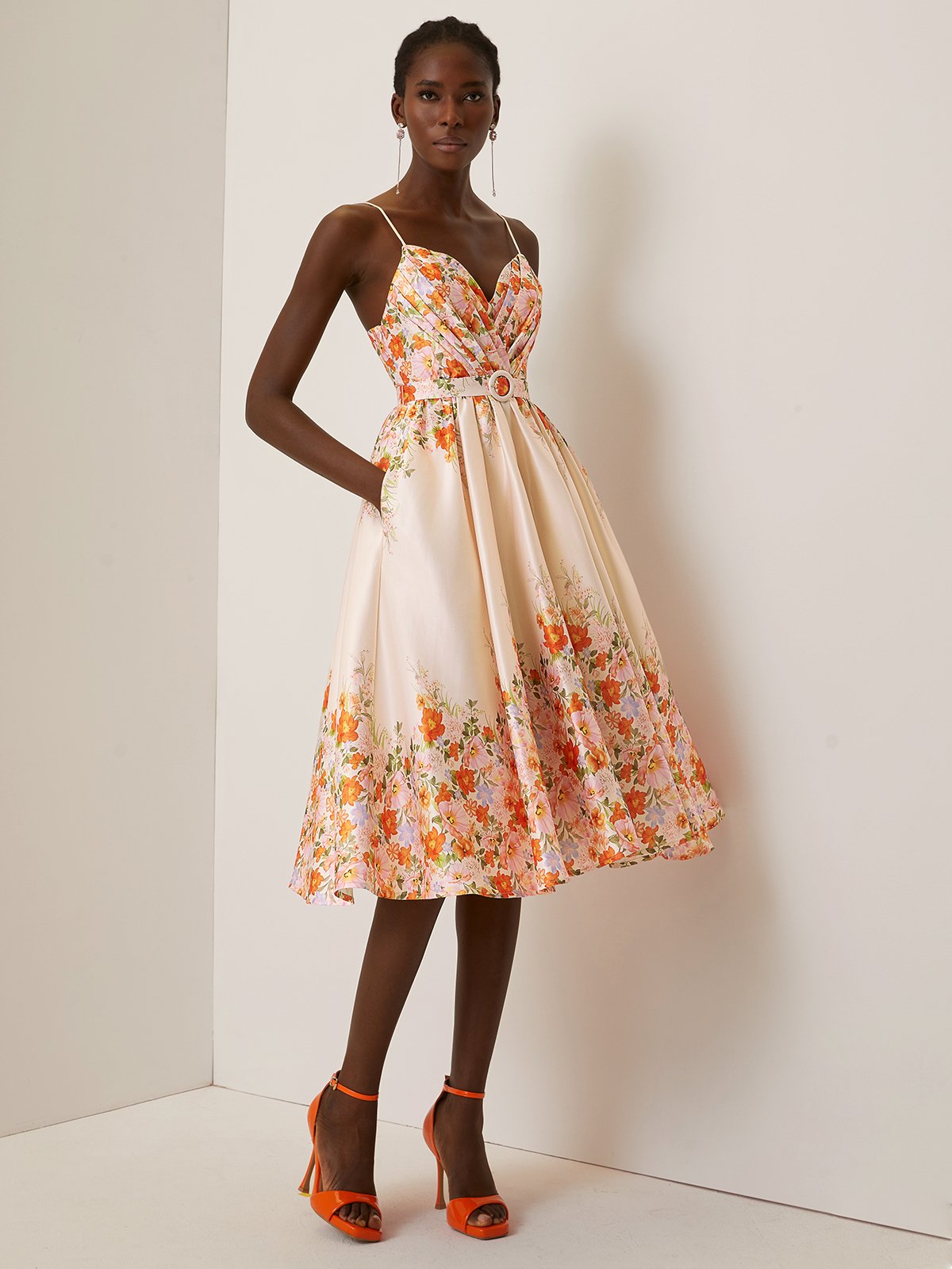 Beige Floral Spaghetti Sleeveless A-Line Midi Dress