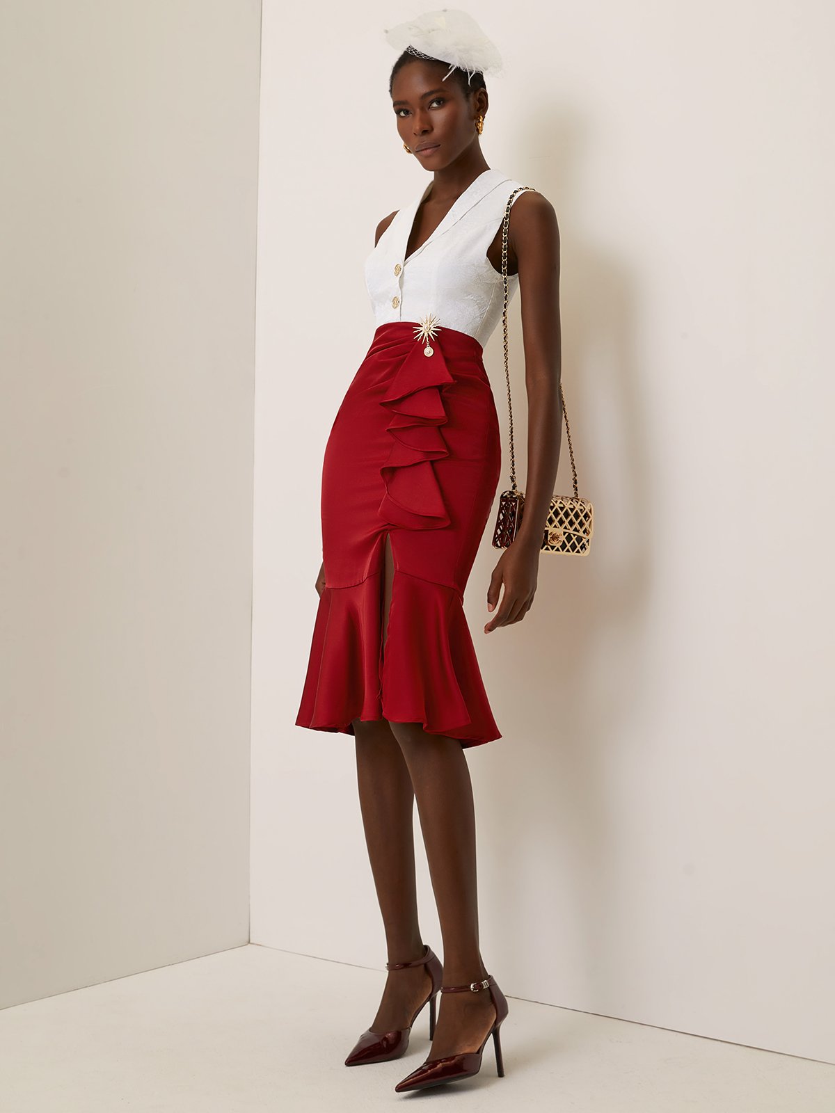 Wine Red Metal Mermaid Skirt Shawl Collar Sleeveless Sheath Midi Dress