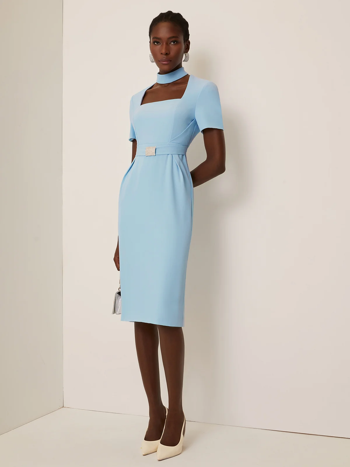 Light Blue Rhinestone Classic Square Neck Short Sleeve Sheath Midi Dress