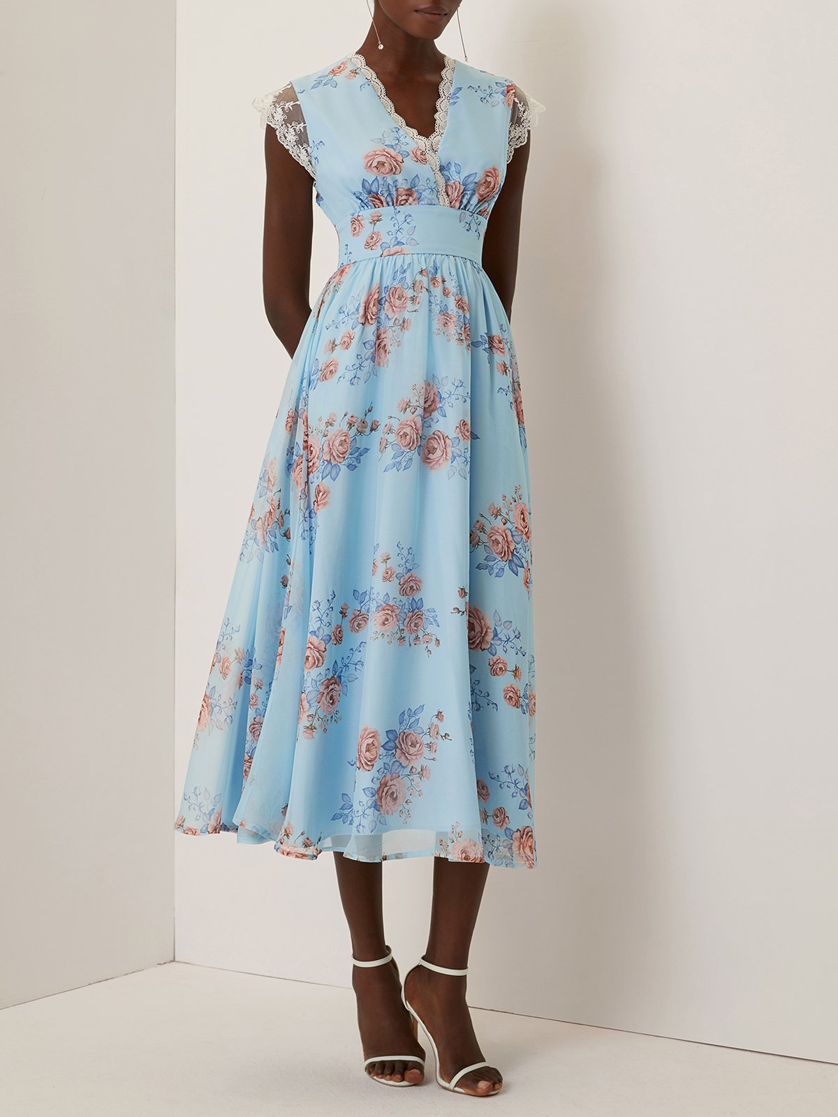 Light Blue Floral Lace Chiffon V Neck Cap Sleeve A-Line Maxi Dress