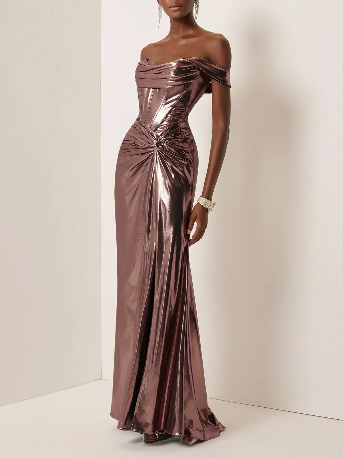 Dark Rose Glod Metallic Ruched Satin Off The Shoulder Sleeveless Sheath Corset Maxi Dress