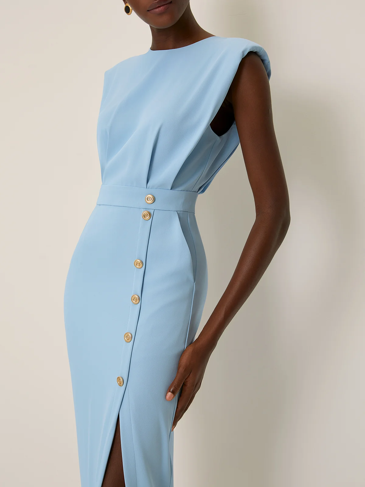 Off White Buckle Classic Crew Neck Sleeveless Sheath Midi Dress