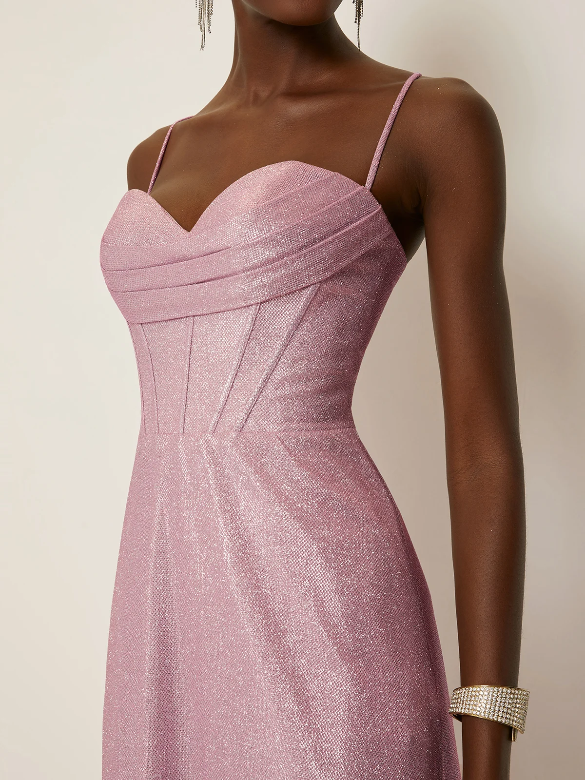 Light Pink Ruched Satin Spaghetti Corset A-Line Gown Dress