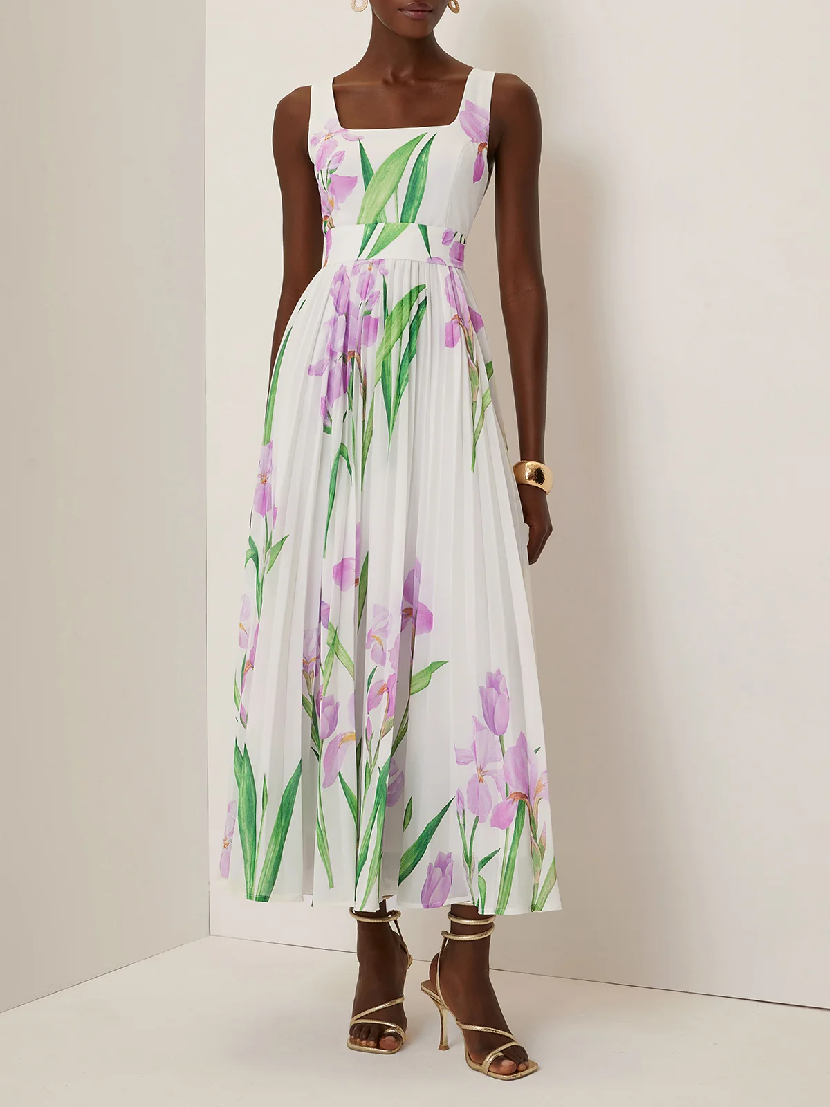 White Pleated Floral Chiffon Square Neck Sleeveless A-Line Maxi Dress