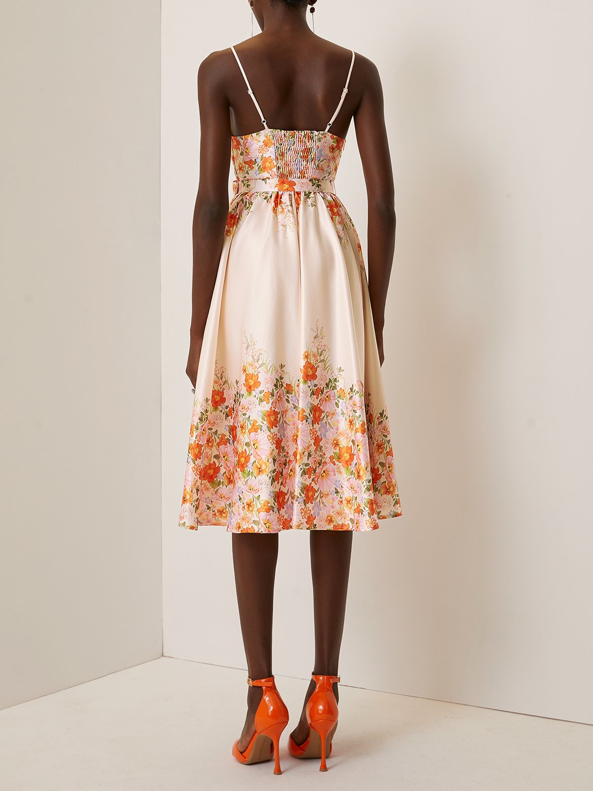 Beige Floral Spaghetti Sleeveless A-Line Midi Dress