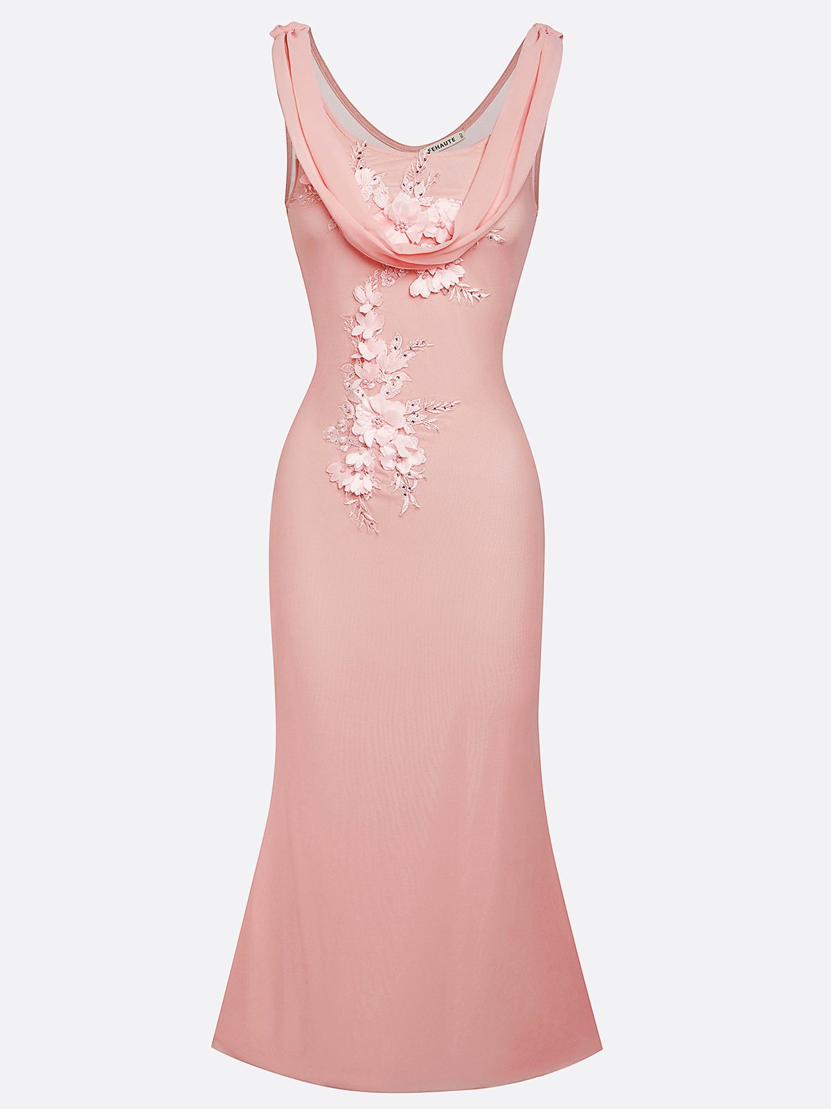 Pink Embroidery Classic Cowl Neck Sleeveless Sheath Midi Dress