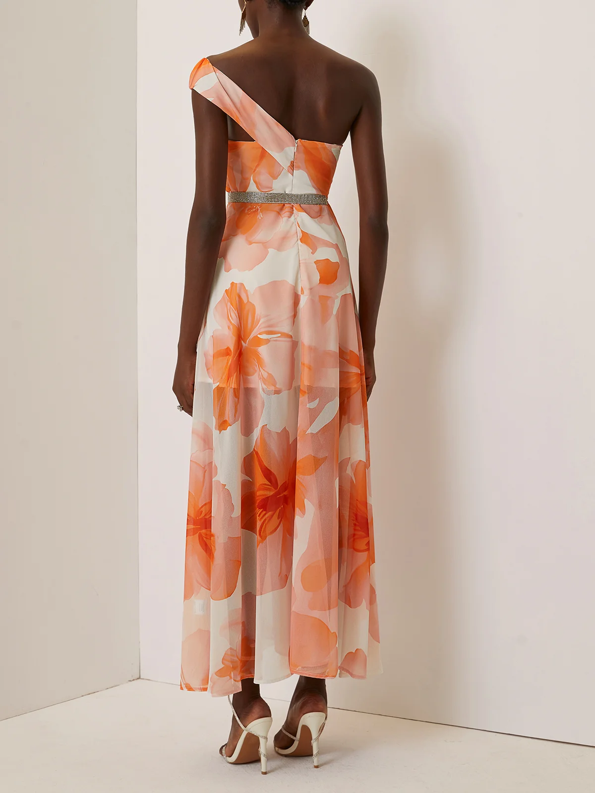 Orange Rhinestone Chiffon One Shoulder Sleeveless A-Line Maxi Dress