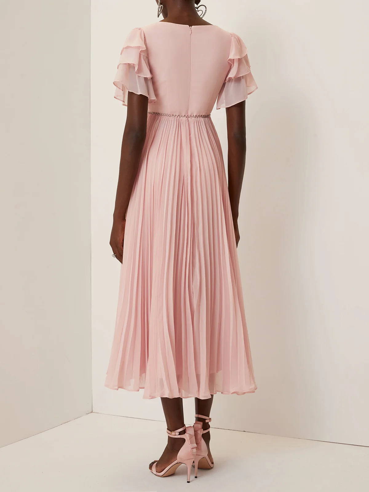 Pink Pleated Hot Drilling Chiffon V Neck Short Sleeve Ruffle Sleeve A-Line Maxi Dress
