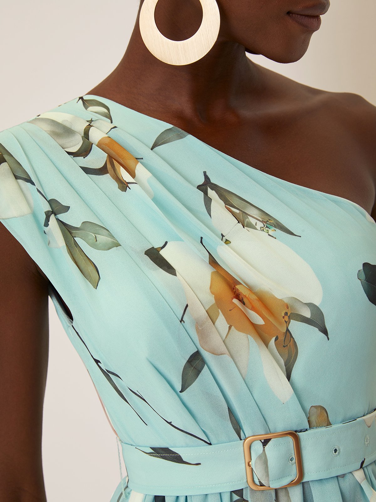 Light Green Floral Ruched One Shoulder A-Line Maxi Chiffon Dress