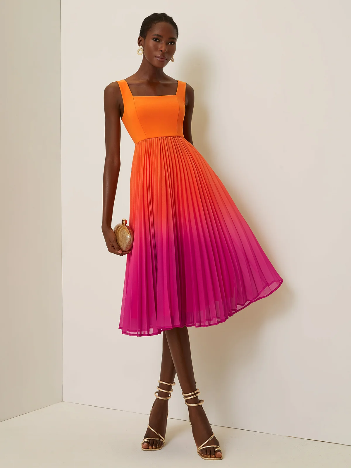 Orange Pleated Ombre Classic Square Neck Sleeveless A-Line Midi Dress