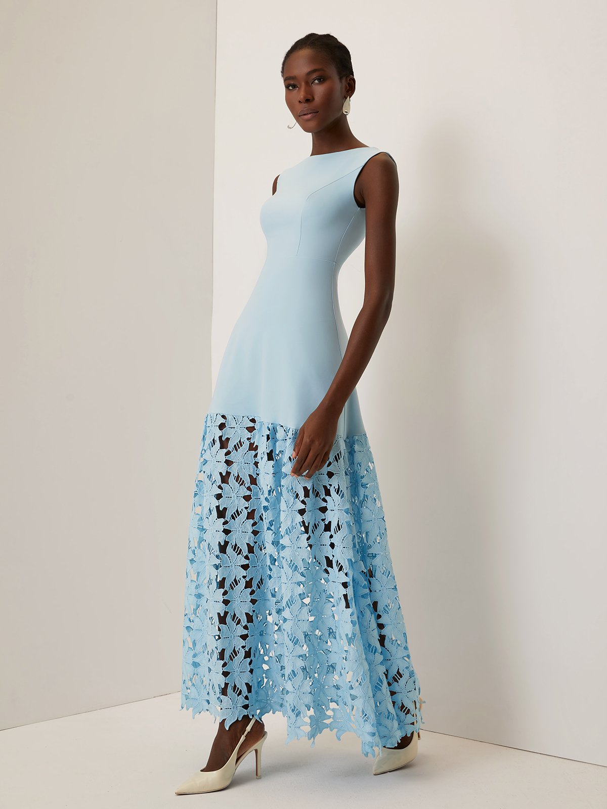 Light Blue Lace Classic Boat Neck Sleeveless A-Line Maxi Dress