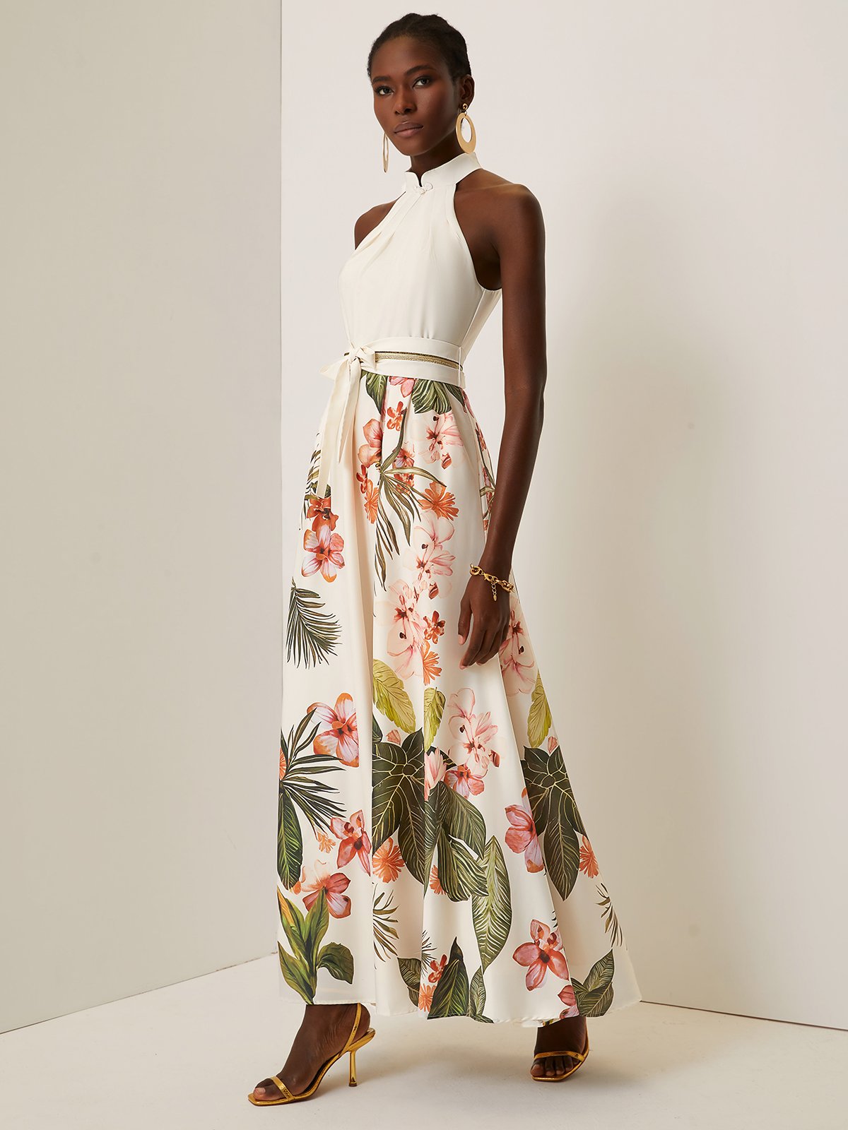 Beige Floral Bow Satin Halter Sleeveless A-Line Maxi Dress