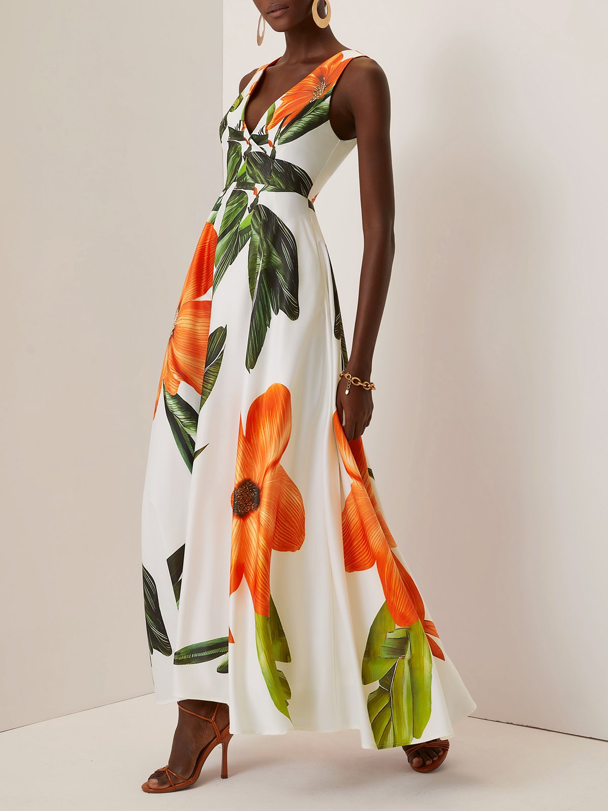 Orange Floral Satin V Neck Sleeveless A-Line Maxi Dress