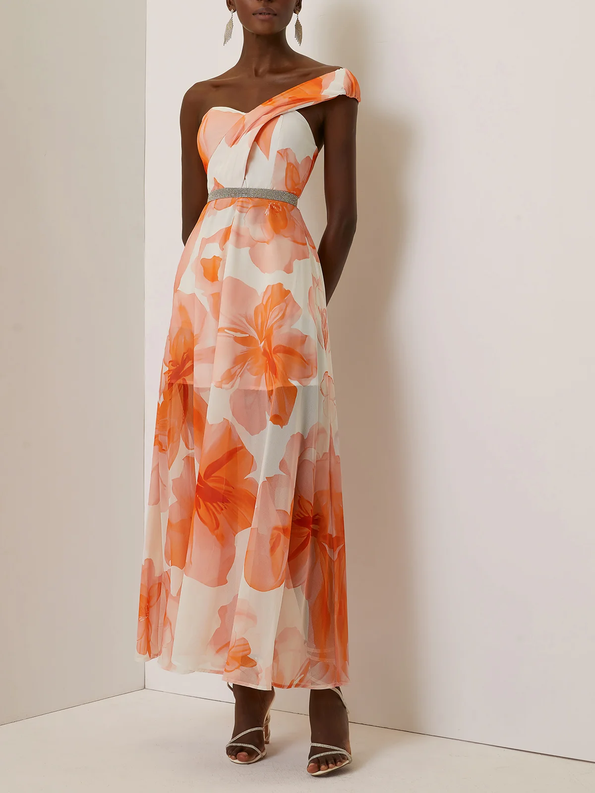 Orange Rhinestone Chiffon One Shoulder Sleeveless A-Line Maxi Dress