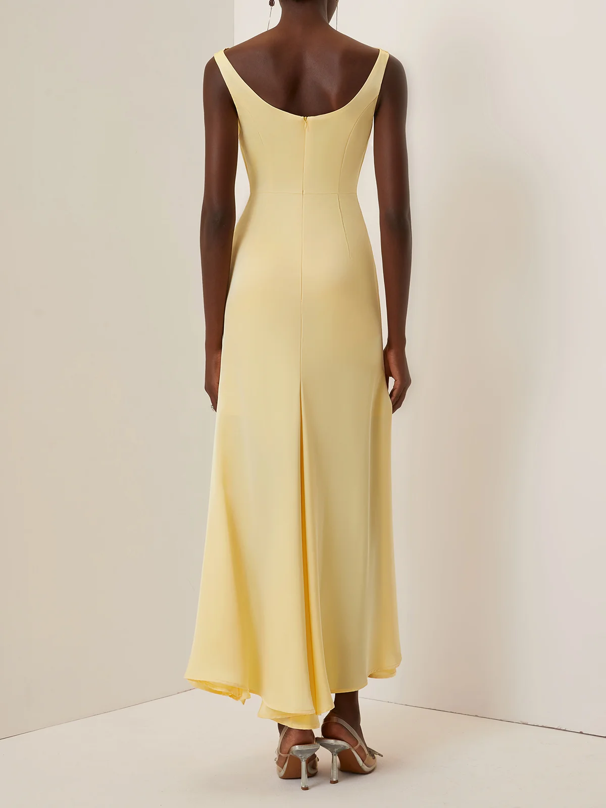 Yellow 3D Floral Peplum Satin Cowl Neck Sleeveless Mermaid Maxi Dress