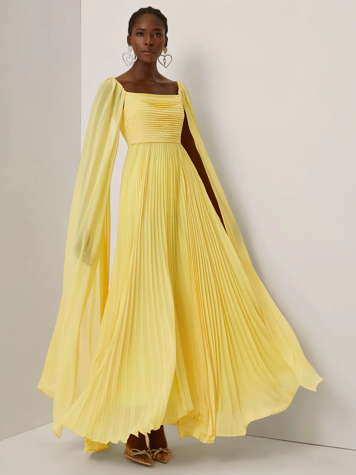 Yellow Pleated Chiffon Square Neck Long Sleeve A-Line Gown Dress