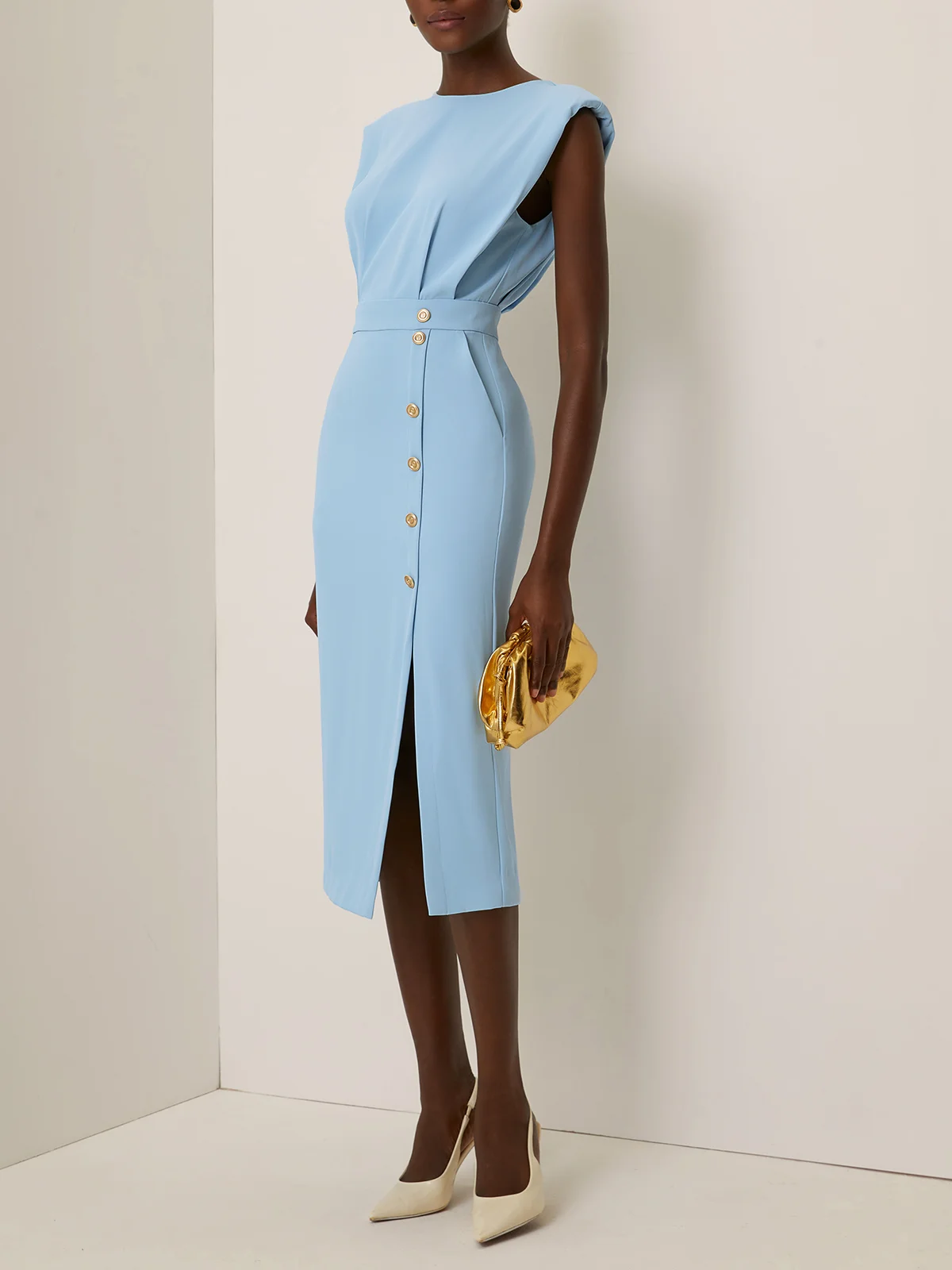 Off White Buckle Classic Crew Neck Sleeveless Sheath Midi Dress