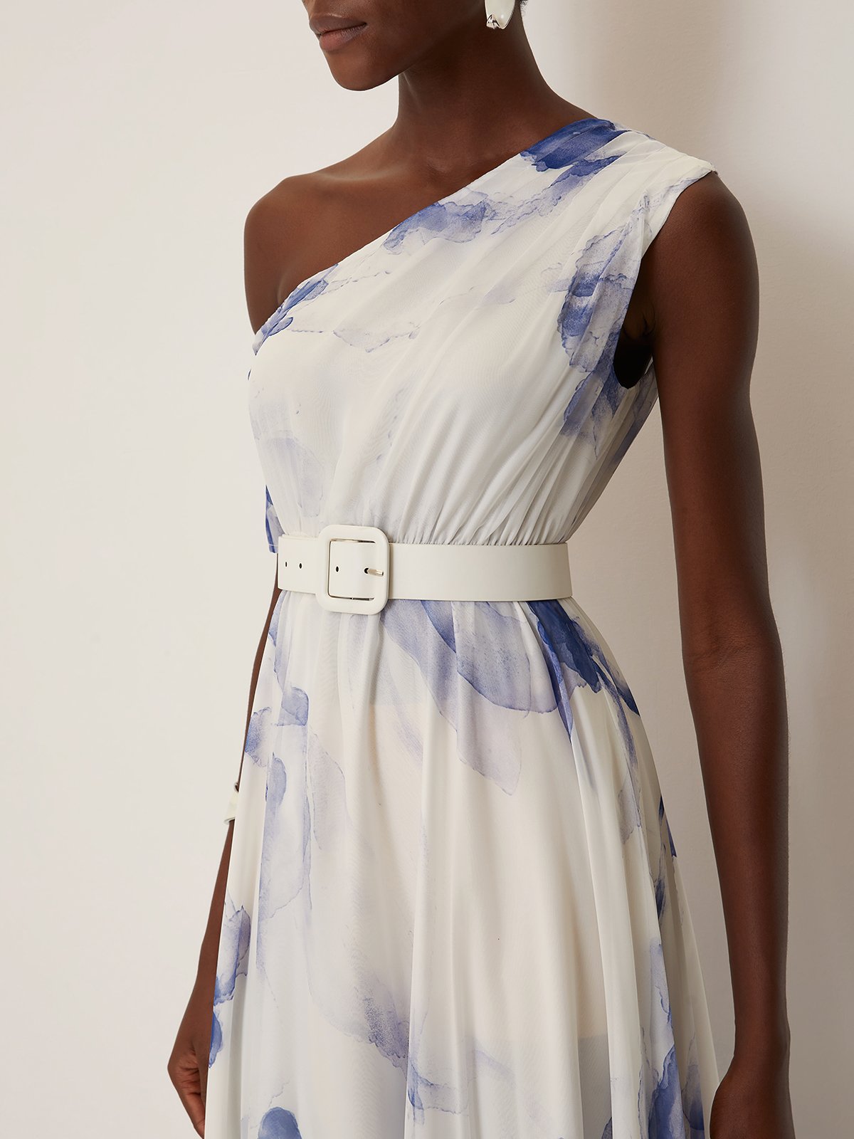 Blue Ruched Asymmetric Chiffon One Shoulder Short Sleeve A-Line Maxi Dress