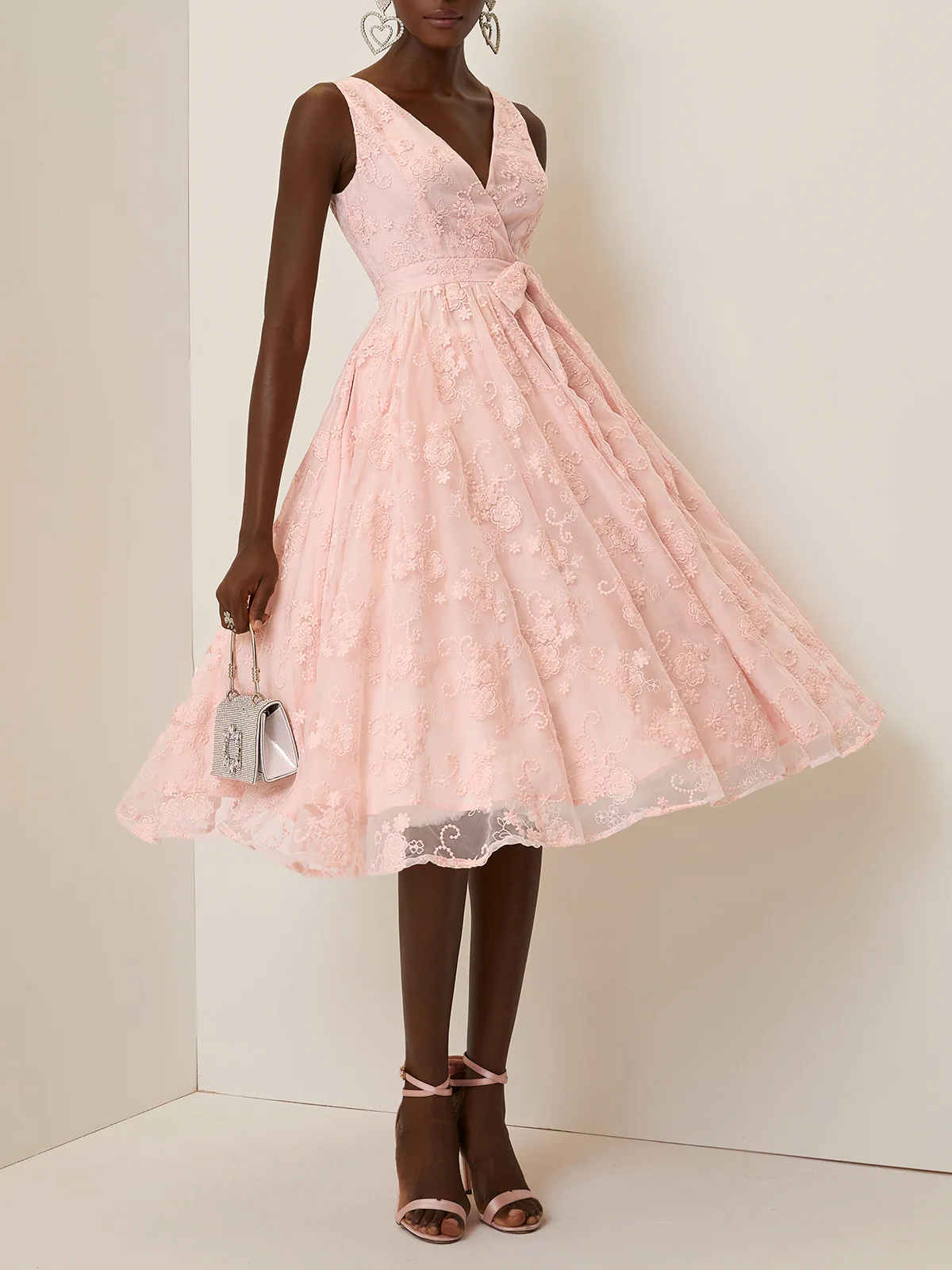 Light Pink Bow Classic V Neck Sleeveless A-Line Midi Dress