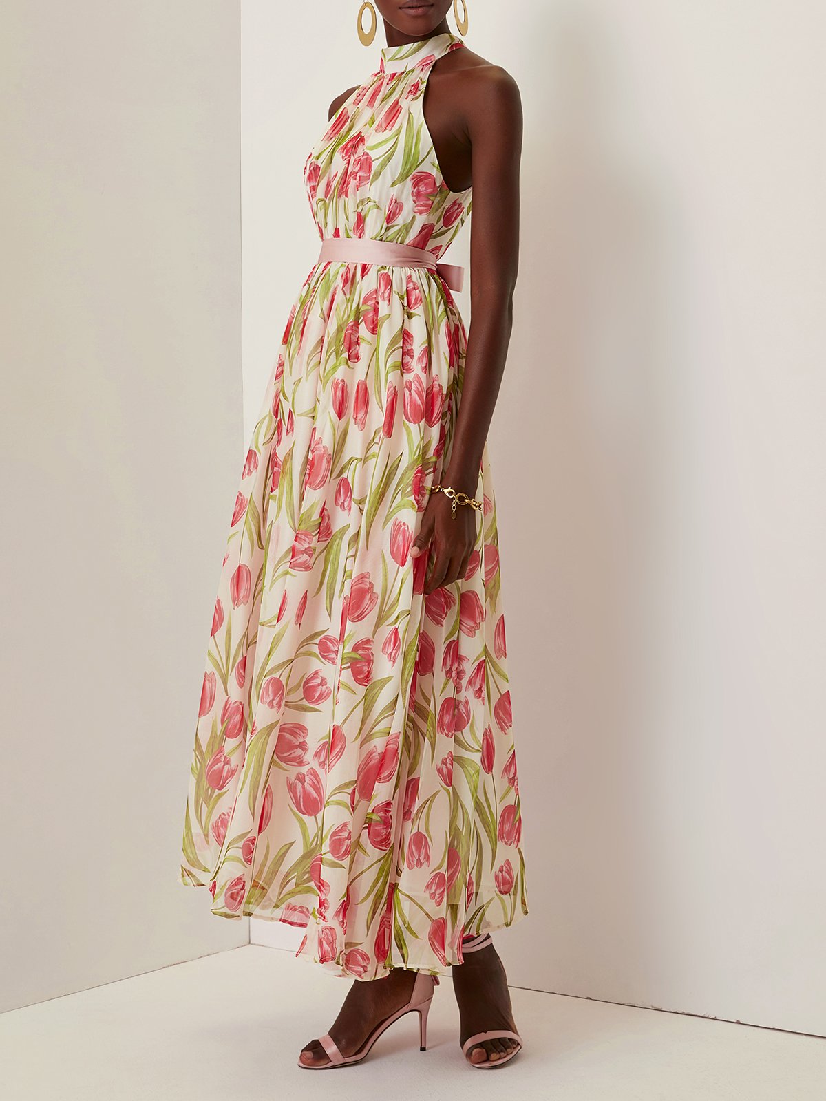 Pink Pleated Floral Chiffon Halter Sleeveless A-Line Maxi Dress