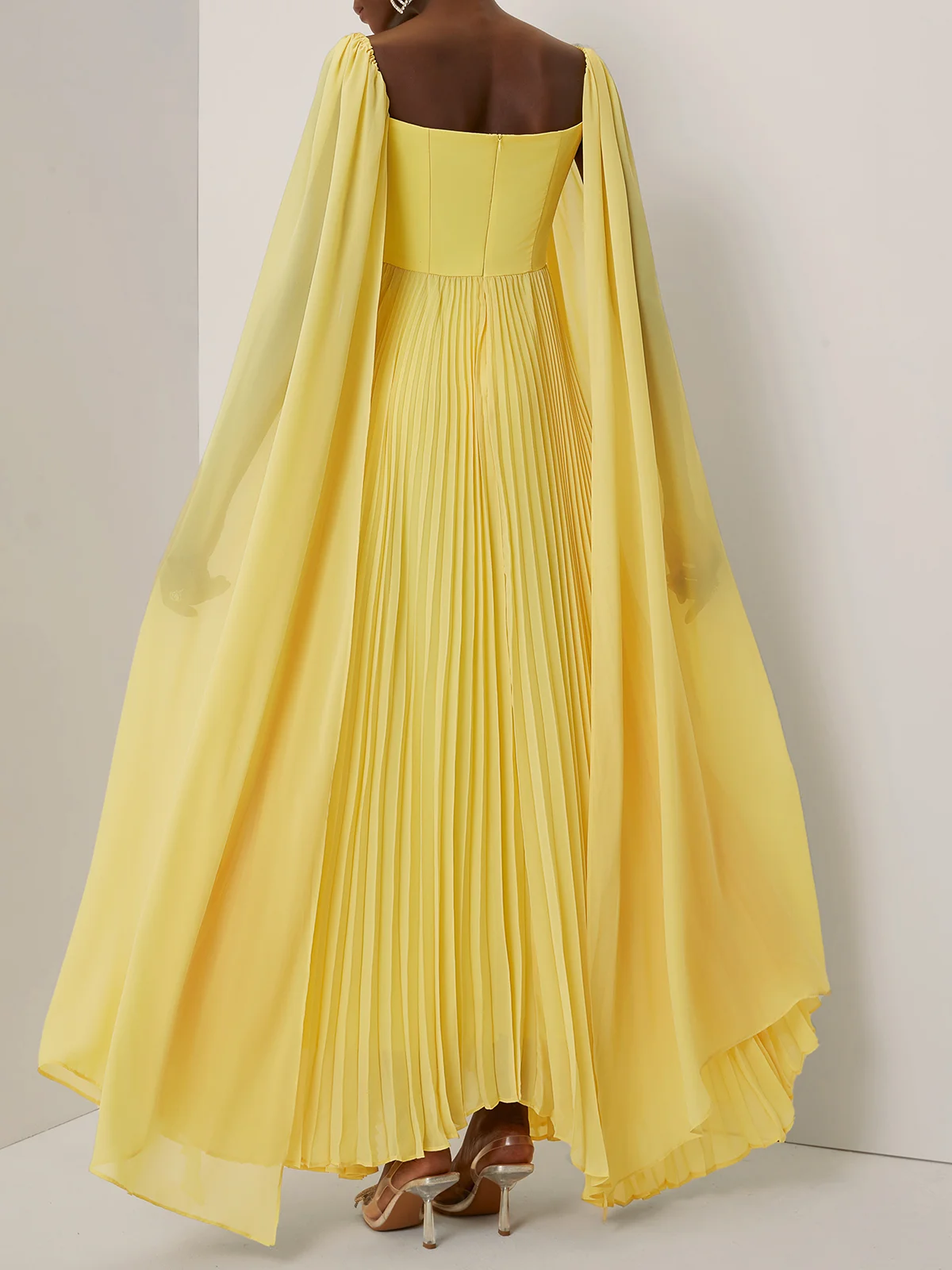 Yellow Pleated Chiffon Square Neck Long Sleeve A-Line Gown Dress