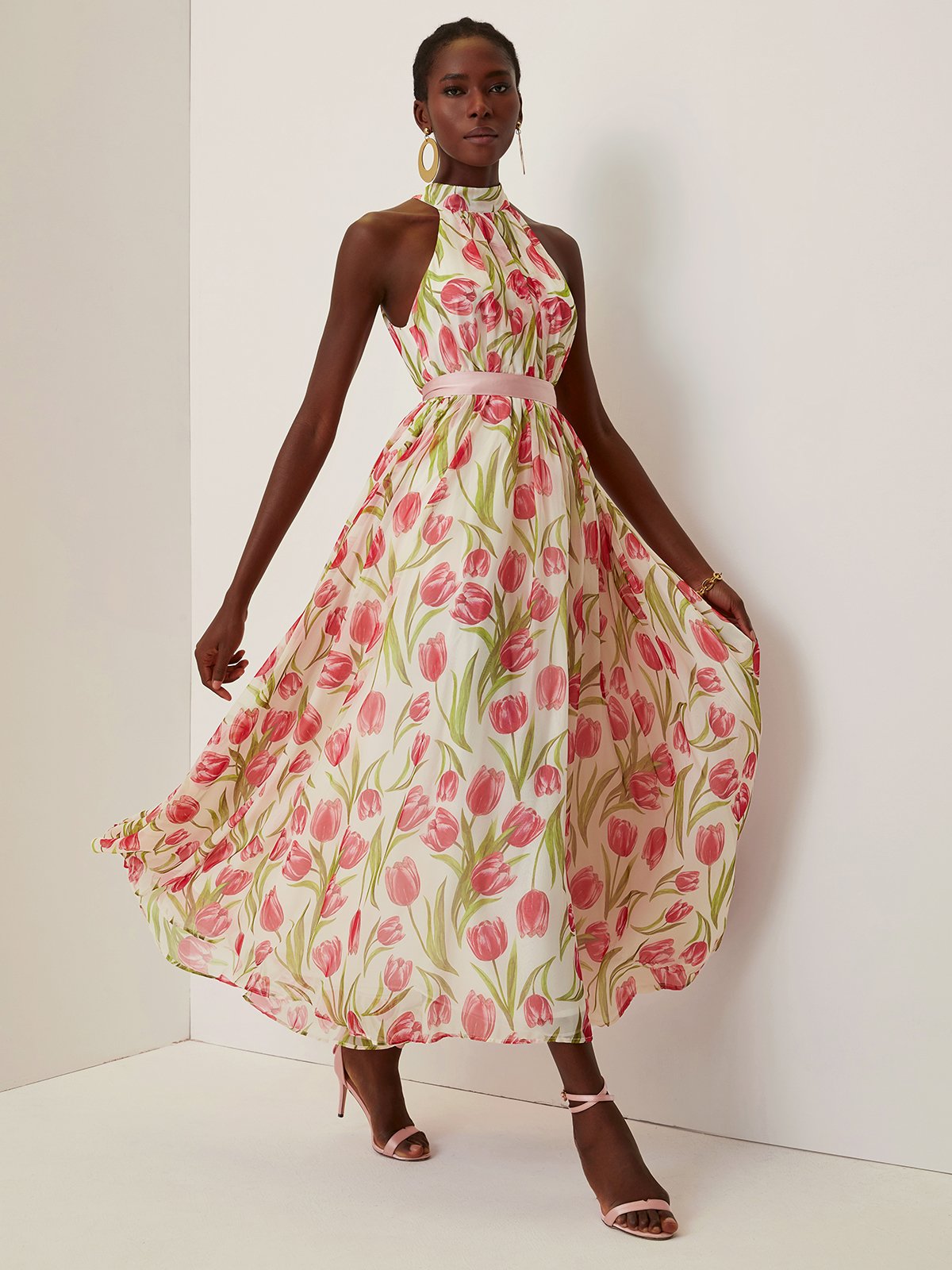 Pink Pleated Floral Chiffon Halter Sleeveless A-Line Maxi Dress