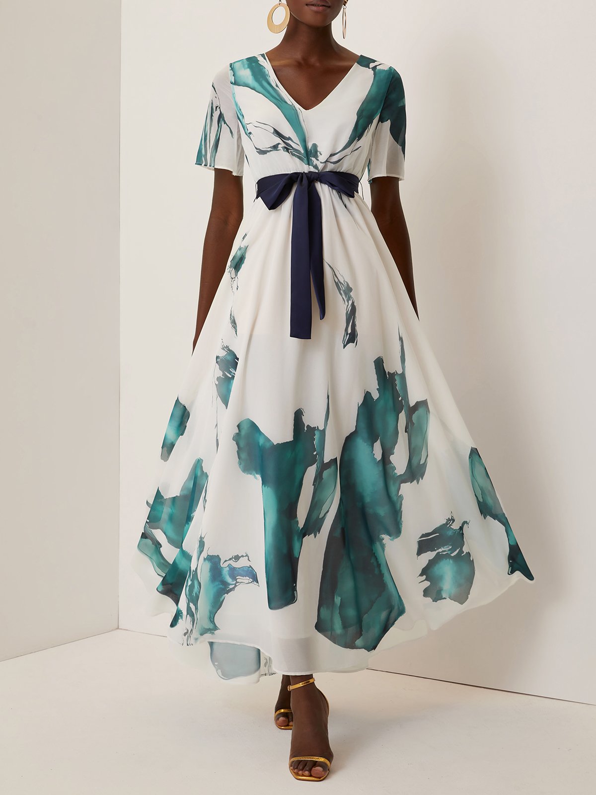 Blue Floral Chiffon V Neck Short Sleeve A-Line Maxi Dress