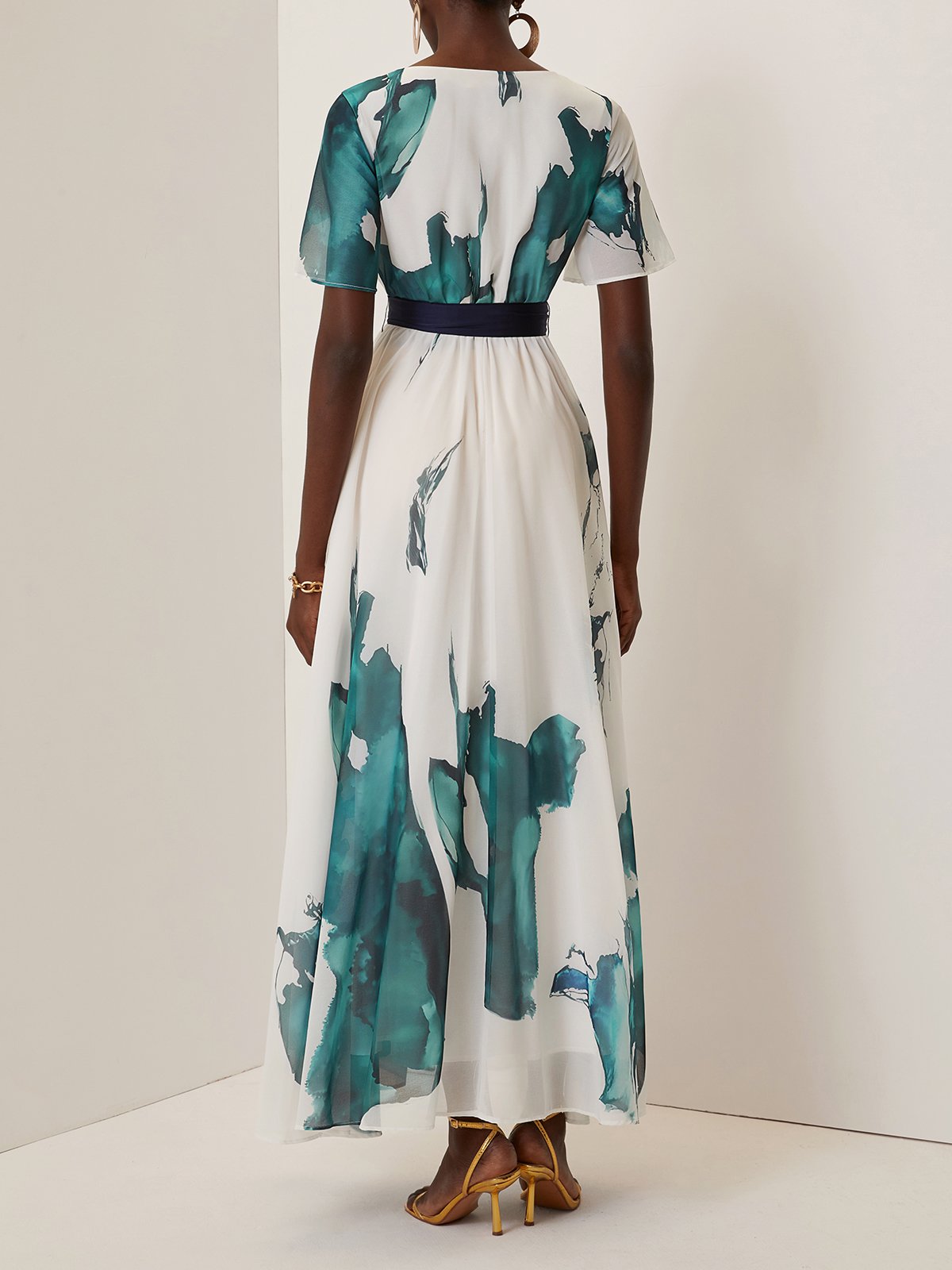 Blue Floral Chiffon V Neck Short Sleeve A-Line Maxi Dress