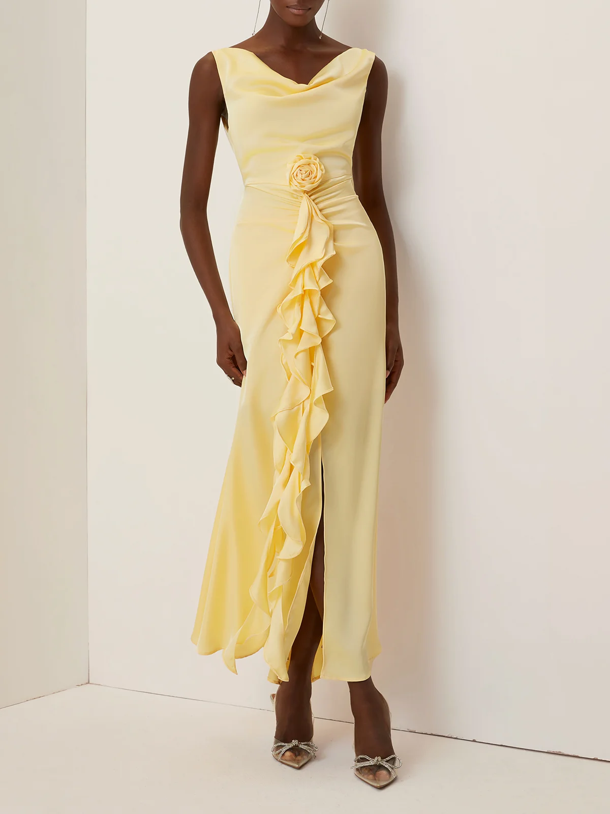 Yellow 3D Floral Peplum Satin Cowl Neck Sleeveless Mermaid Maxi Dress