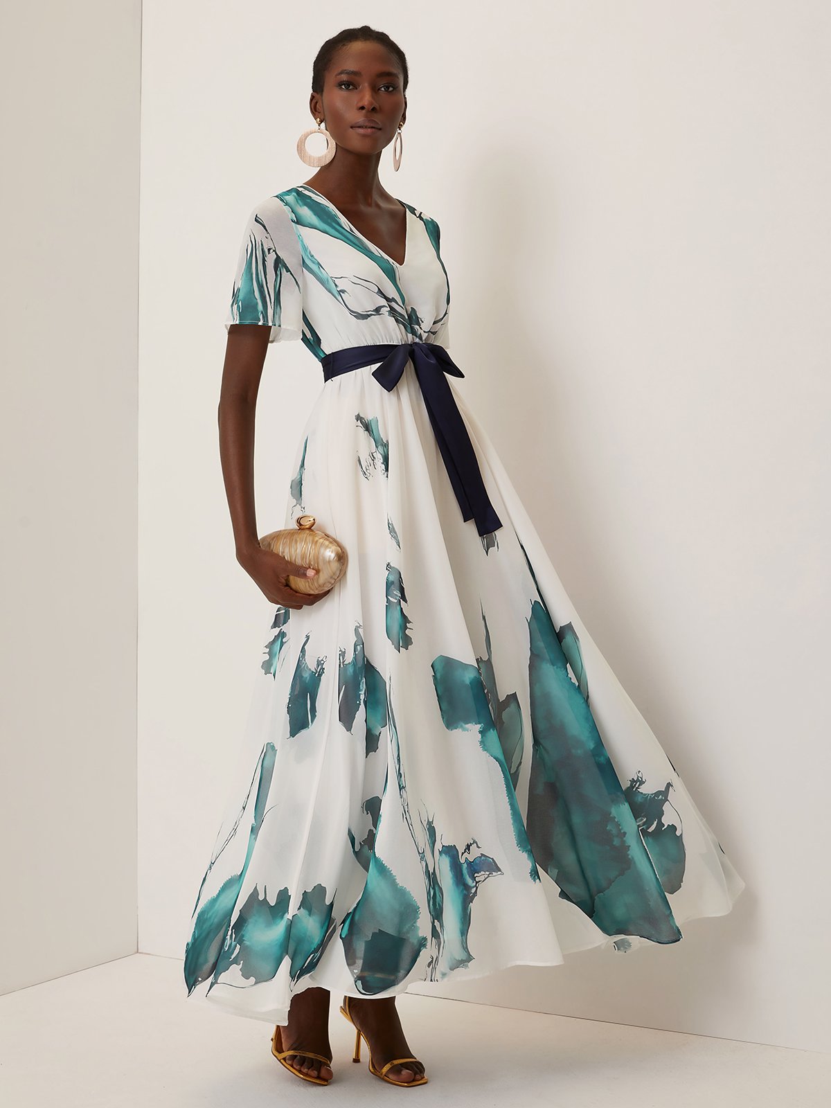 Blue Floral Chiffon V Neck Short Sleeve A-Line Maxi Dress