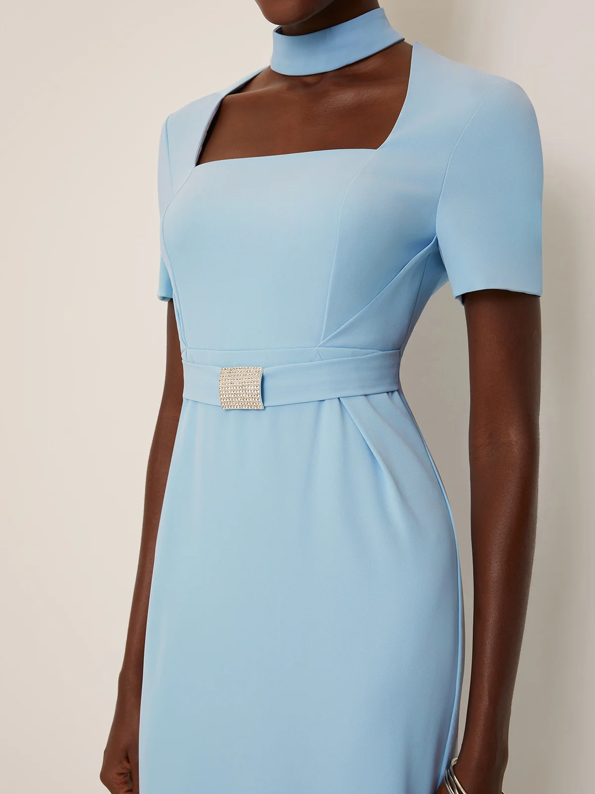 Light Blue Rhinestone Classic Square Neck Short Sleeve Sheath Midi Dress