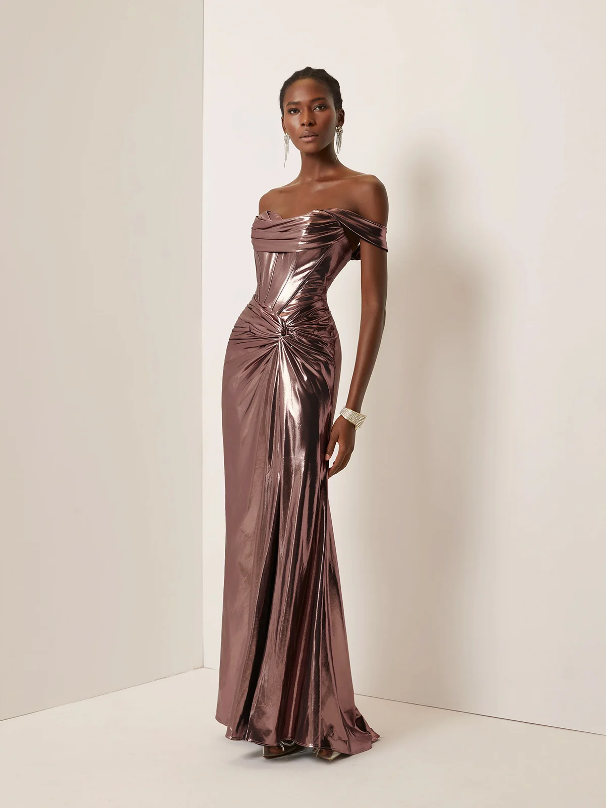 Dark Rose Glod Metallic Ruched Satin Off The Shoulder Sleeveless Sheath Corset Maxi Dress