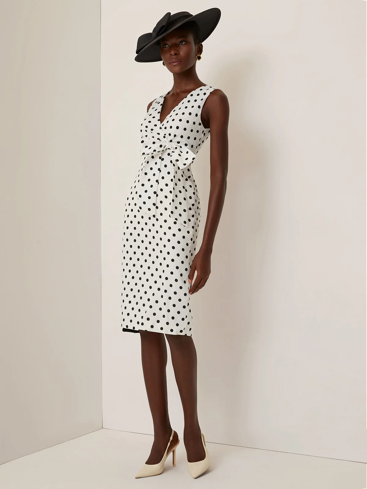 White Bow Printing Classic V Neck Sleeveless Sheath Midi Dress