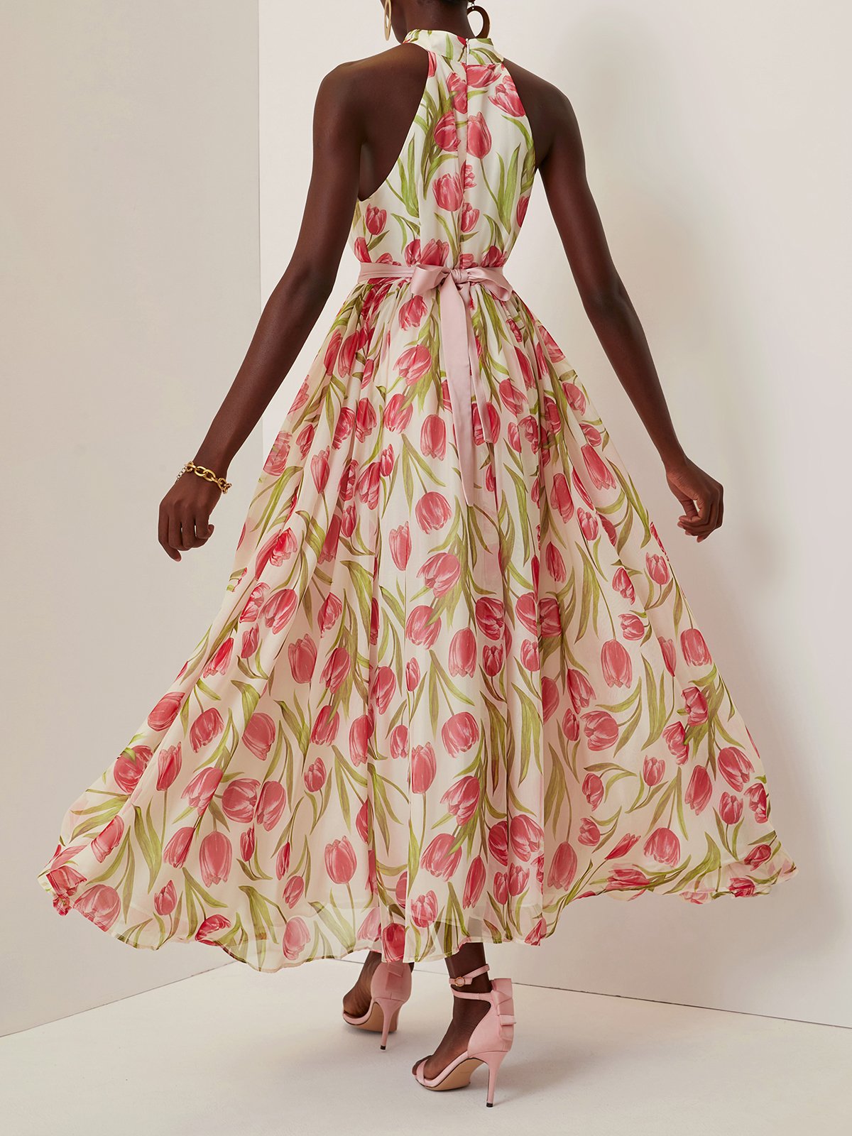 Pink Pleated Floral Chiffon Halter Sleeveless A-Line Maxi Dress