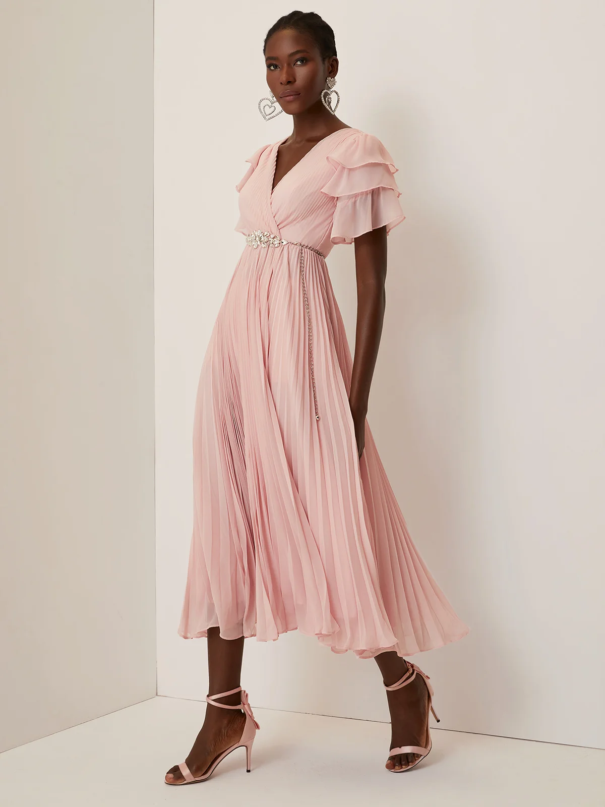 Pink Pleated Hot Drilling Chiffon V Neck Short Sleeve Ruffle Sleeve A-Line Maxi Dress