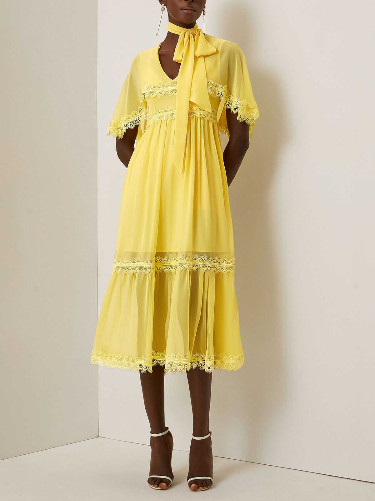 Yellow Lace Bow Chiffon V Neck Half Sleeve Raglan Sleeves A-Line Midi Dress