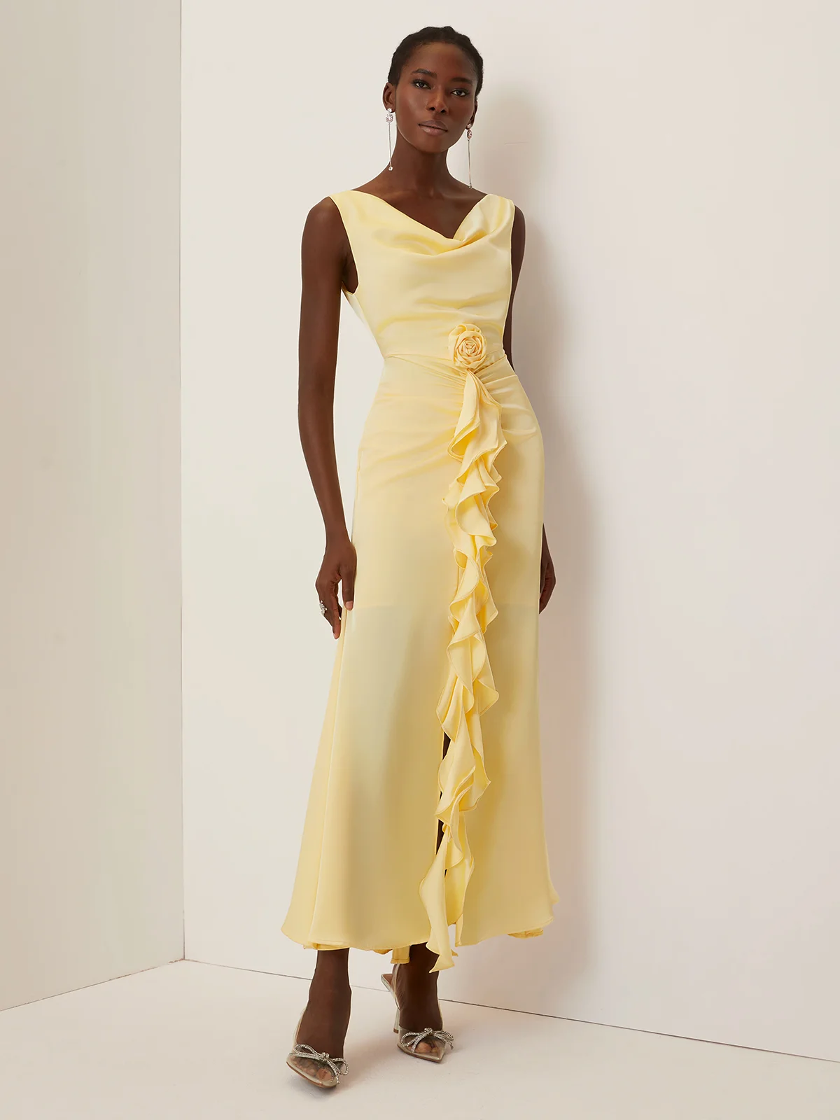 Yellow 3D Floral Peplum Satin Cowl Neck Sleeveless Mermaid Maxi Dress