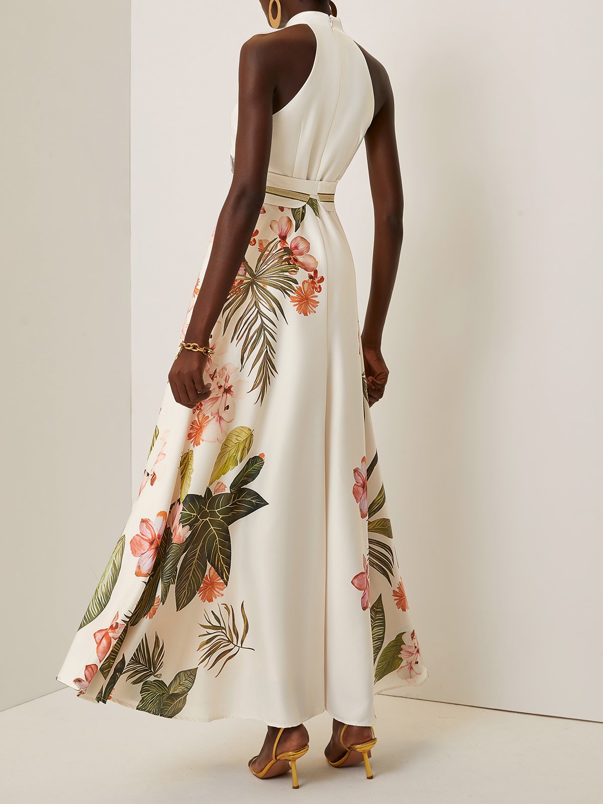 Beige Floral Bow Satin Halter Sleeveless A-Line Maxi Dress
