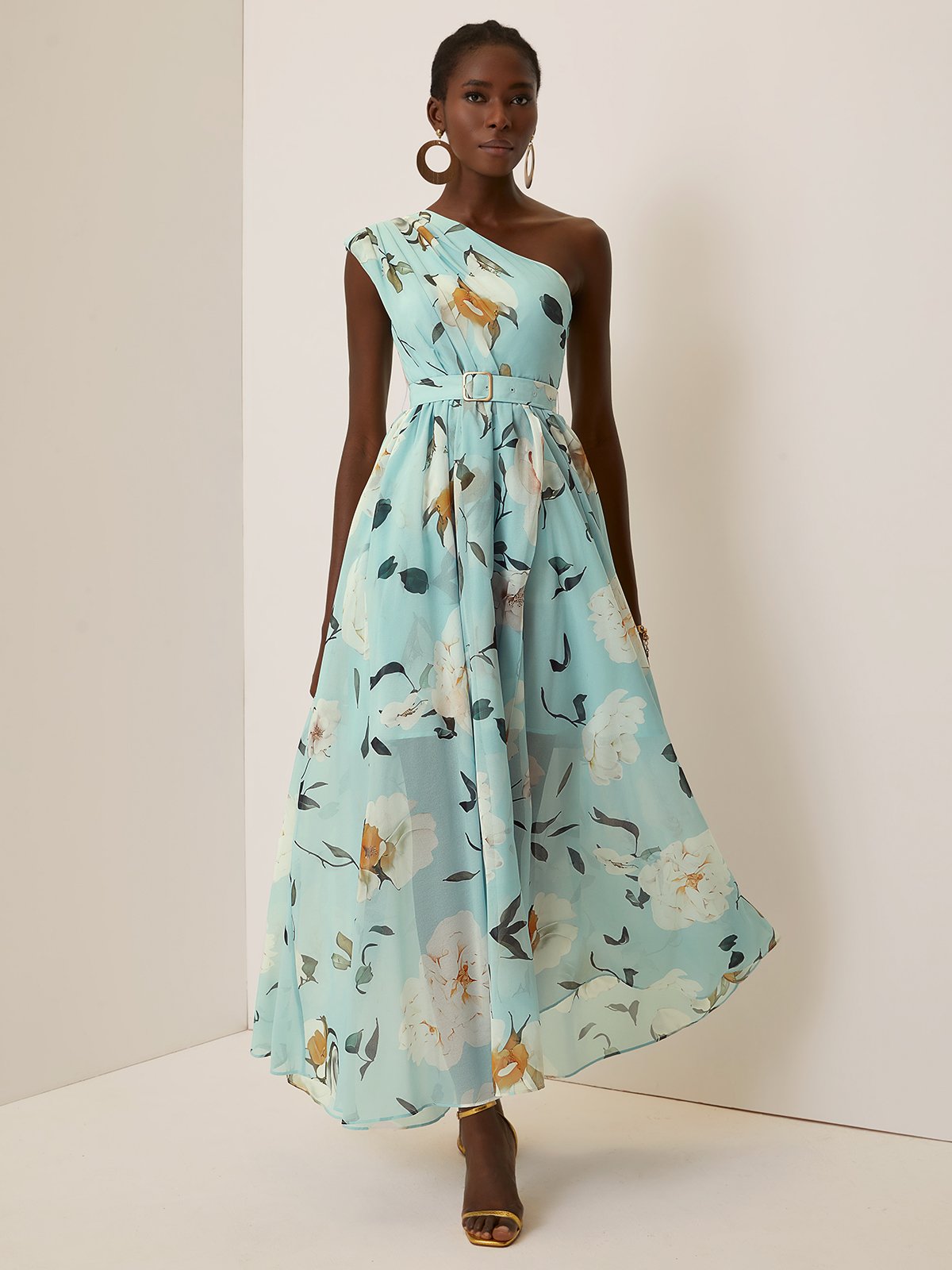 Light Green Floral Ruched One Shoulder A-Line Maxi Chiffon Dress