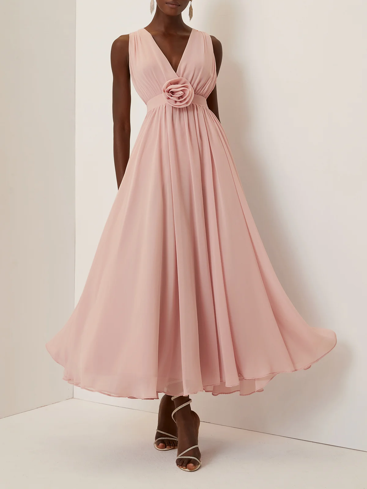 Pink 3D Floral Ruched Chiffon V Neck Sleeveless A-Line Maxi Dress