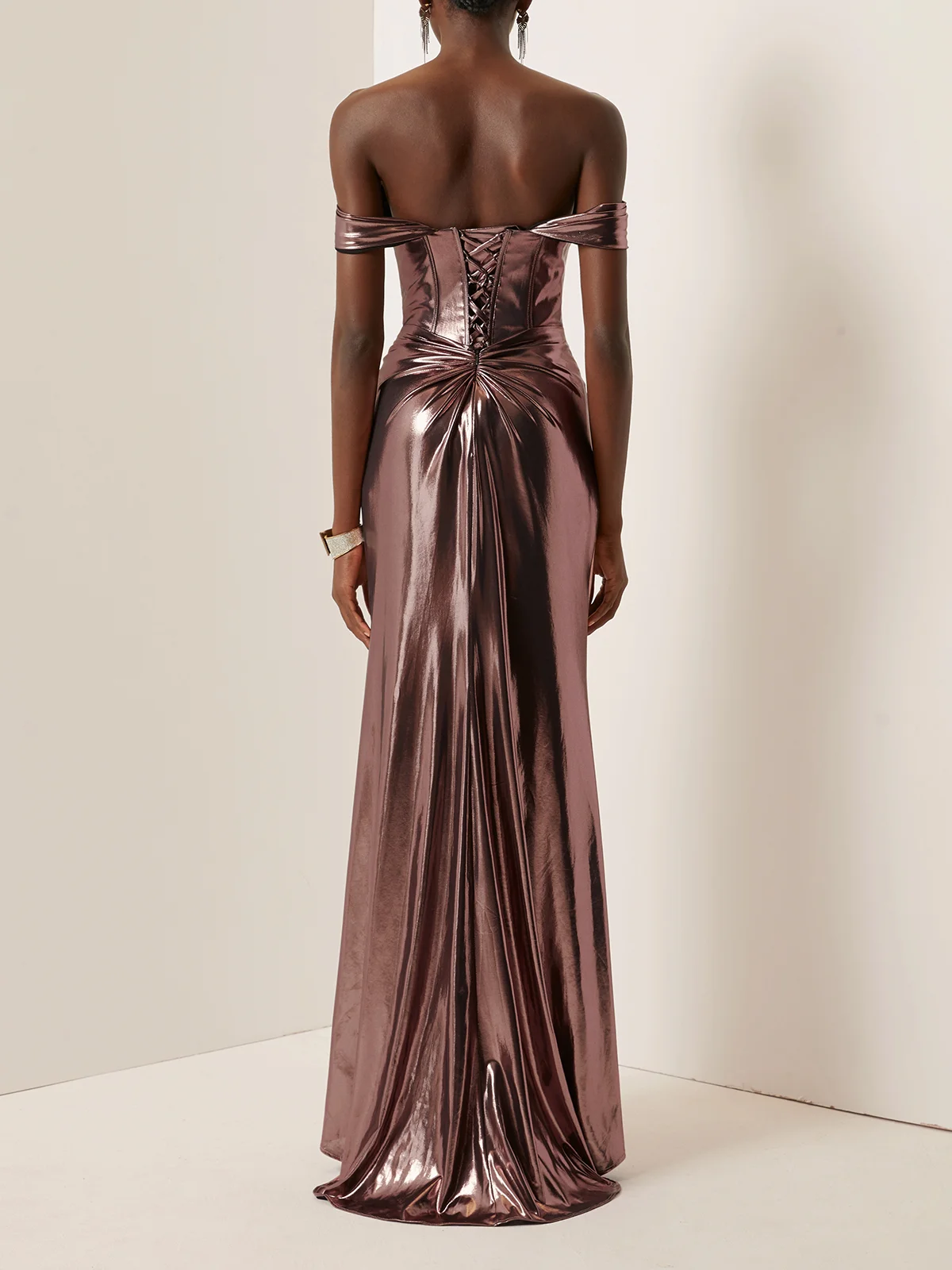 Dark Rose Glod Metallic Ruched Satin Off The Shoulder Sleeveless Sheath Corset Maxi Dress