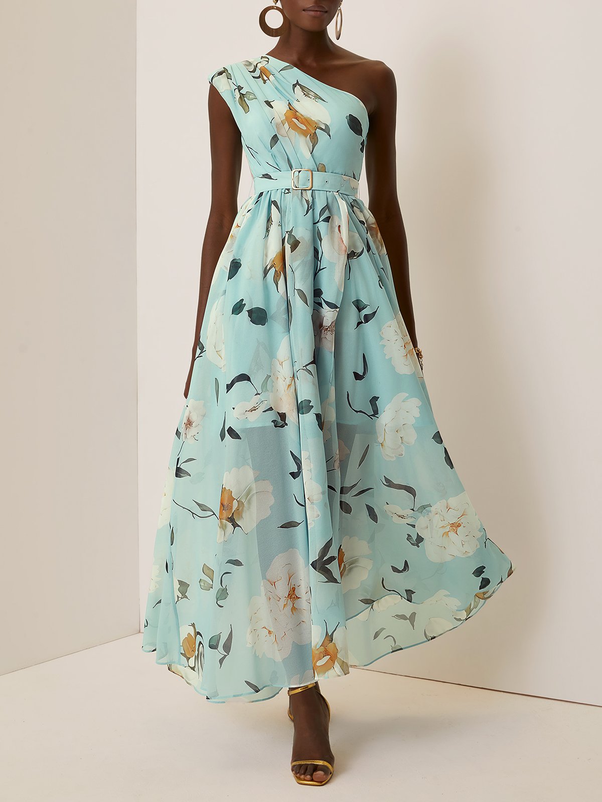 Light Green Floral Ruched One Shoulder A-Line Maxi Chiffon Dress