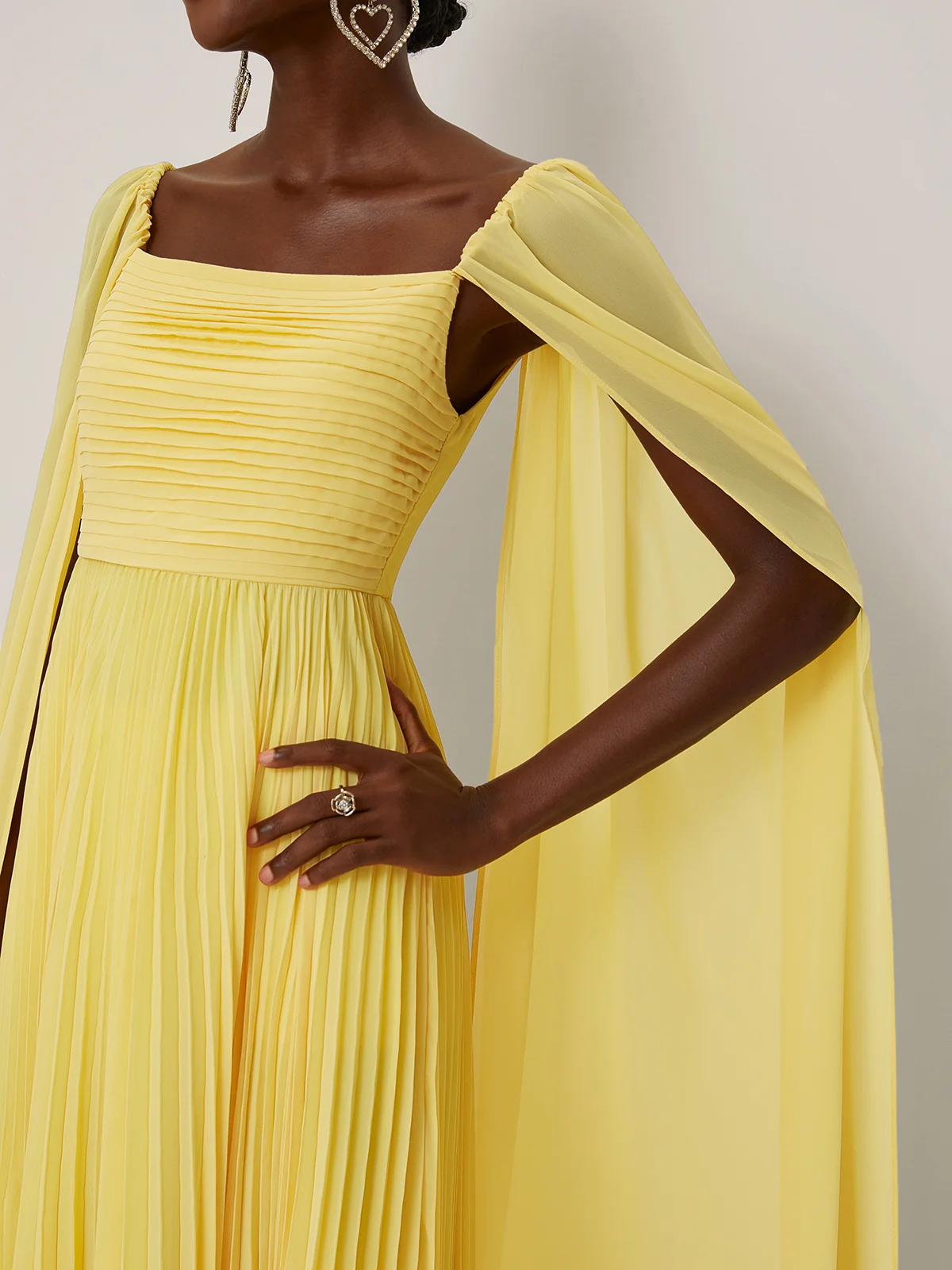 Yellow Pleated Chiffon Square Neck Long Sleeve A-Line Gown Dress