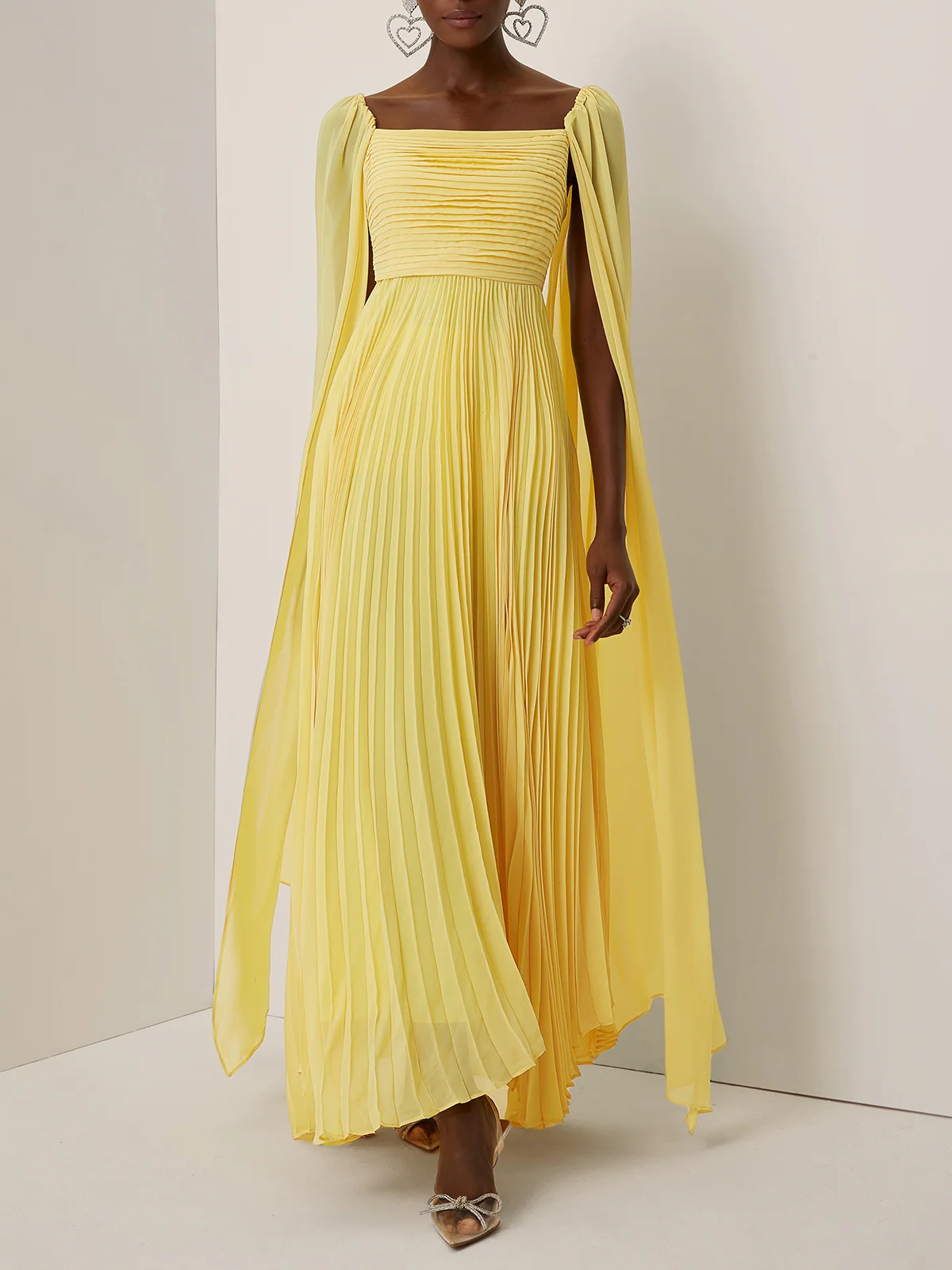 Yellow Pleated Chiffon Square Neck Long Sleeve A-Line Gown Dress