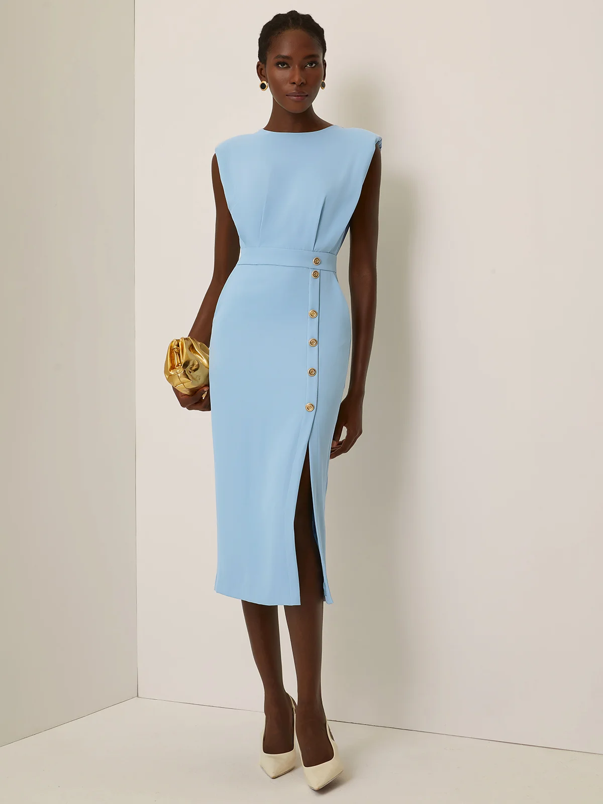 Off White Buckle Classic Crew Neck Sleeveless Sheath Midi Dress