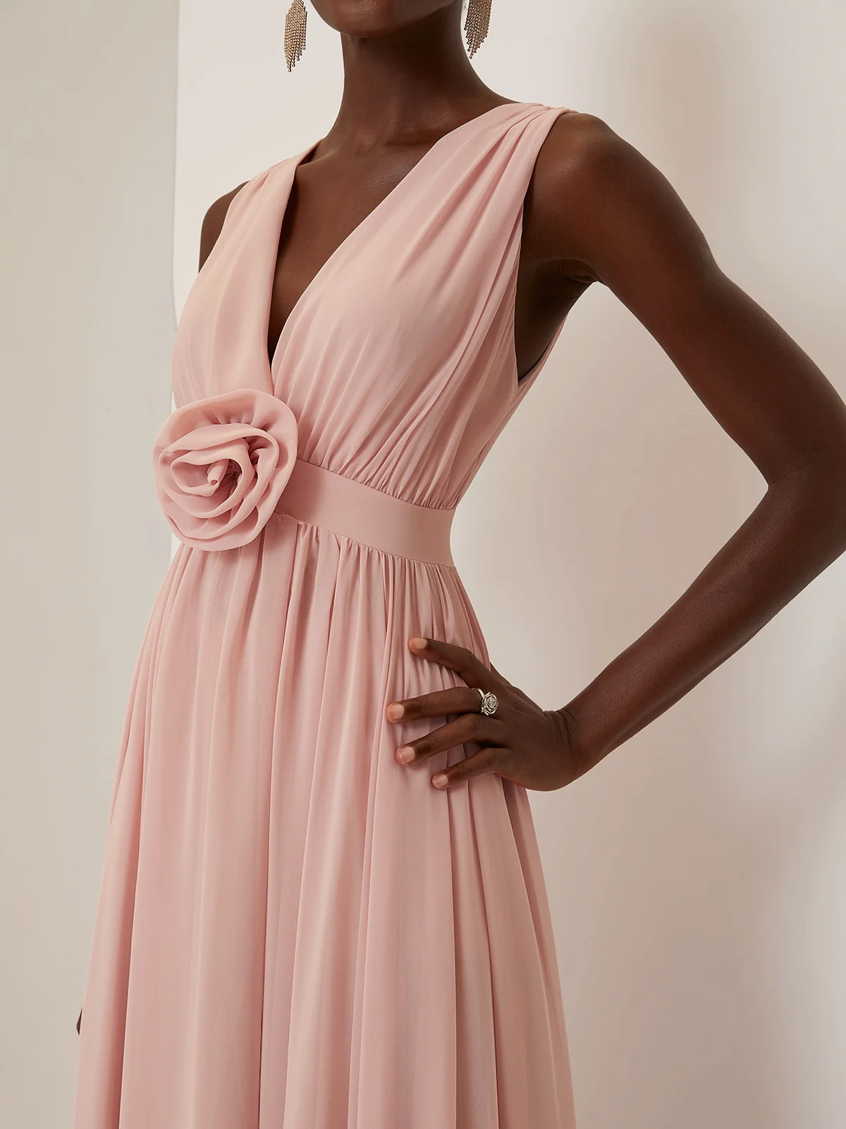 Pink 3D Floral Ruched Chiffon V Neck Sleeveless A-Line Maxi Dress